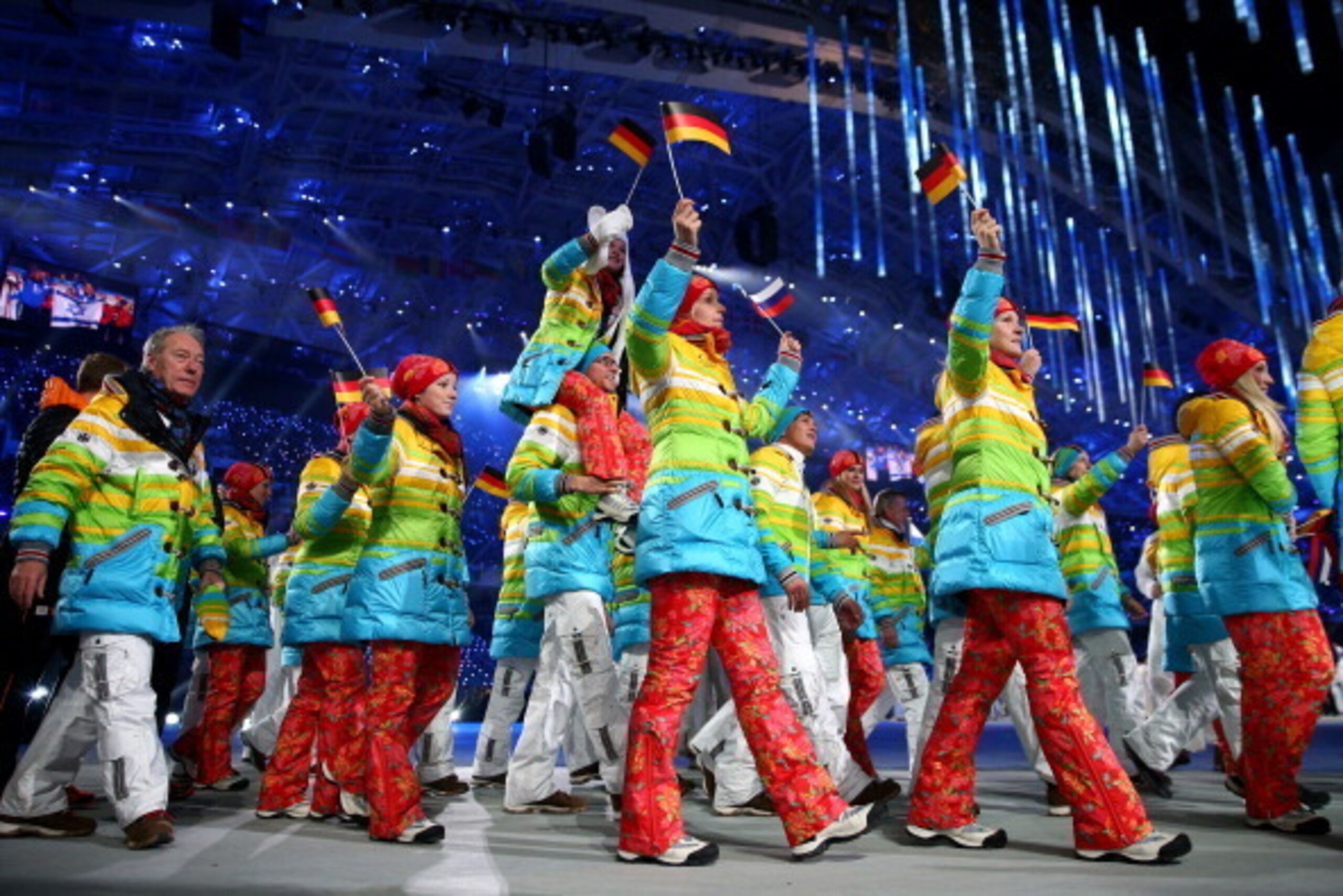 SOCHI, RUSSIA - FEBRUARY 23:  Team Germany athletes enter the 2014 Sochi Winter Olympics Closing Ceremony at Fisht Olympic Stadium on February 23, 2014 in Sochi, Russia.  (Photo by Paul Gilham/Getty Images)