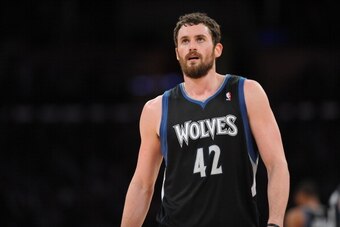 LOS ANGELES, CA - MARCH 16:  Kevin Love #42 of the Minnesota Timberwolves looks on against the Los Angeles Lakers at Staples Center on March 16, 2012 in Los Angeles, California. NOTE TO USER: User expressly acknowledges and agrees that, by downloading and