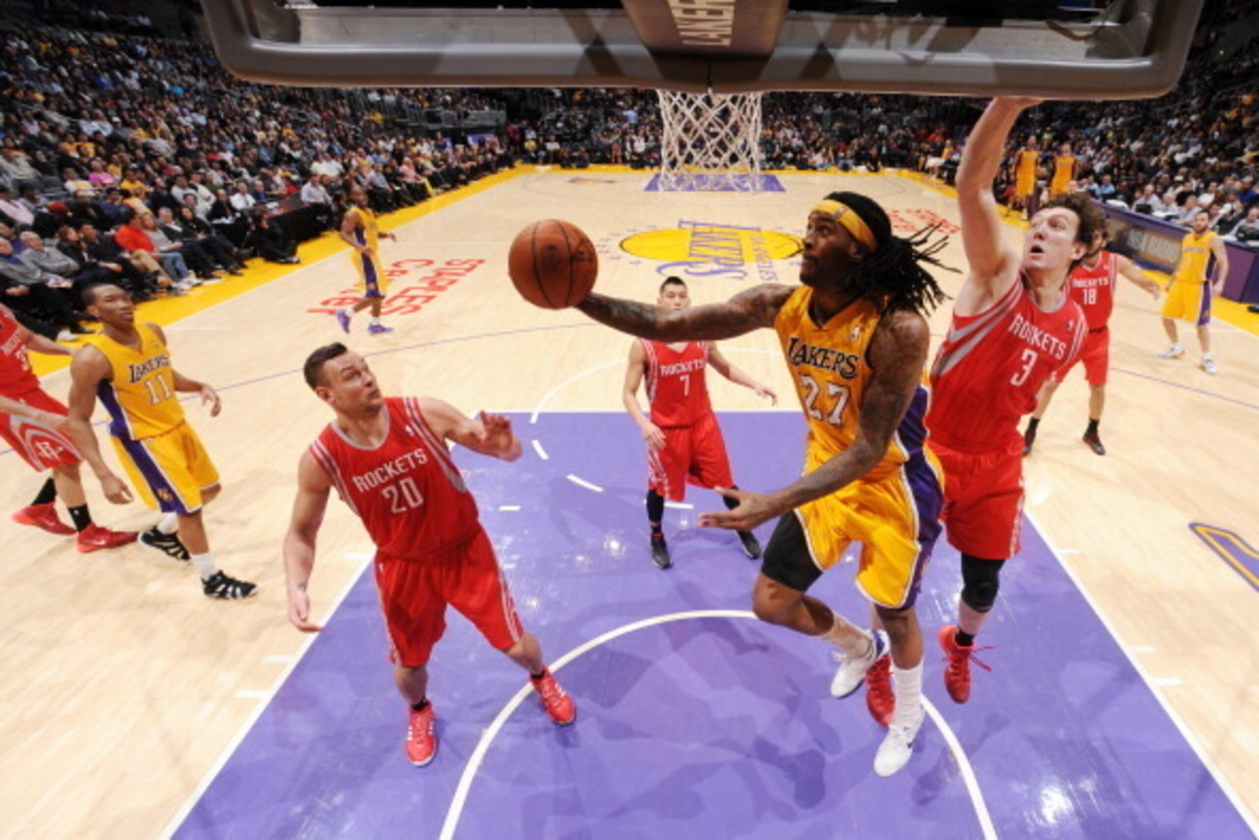 LOS ANGELES, CA - FEBRUARY 19: Jordan Hill #27 of the Los Angeles Lakers shoots during a game against the Houston Rockets at STAPLES Center on February 19, 2014 in Los Angeles, California. NOTE TO USER: User expressly acknowledges and agrees that, by down