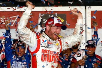 DAYTONA BEACH, FL - FEBRUARY 23:  Dale Earnhardt Jr., driver of the #88 National Guard Chevrolet, celebrates in Victory Lane after winning during the NASCAR Sprint Cup Series Daytona 500 at Daytona International Speedway on February 23, 2014 in Daytona Be