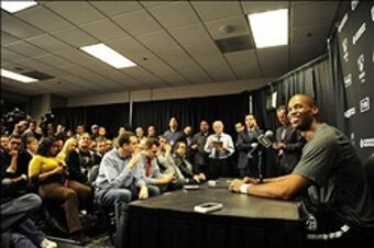 February 23, 2014; Los Angeles, CA, USA; Brooklyn Nets newly signed player Jason Collins speaks to media before playing against the Los Angeles Lakers at Staples Center. Mandatory Credit: Gary A. Vasquez-USA TODAY Sports