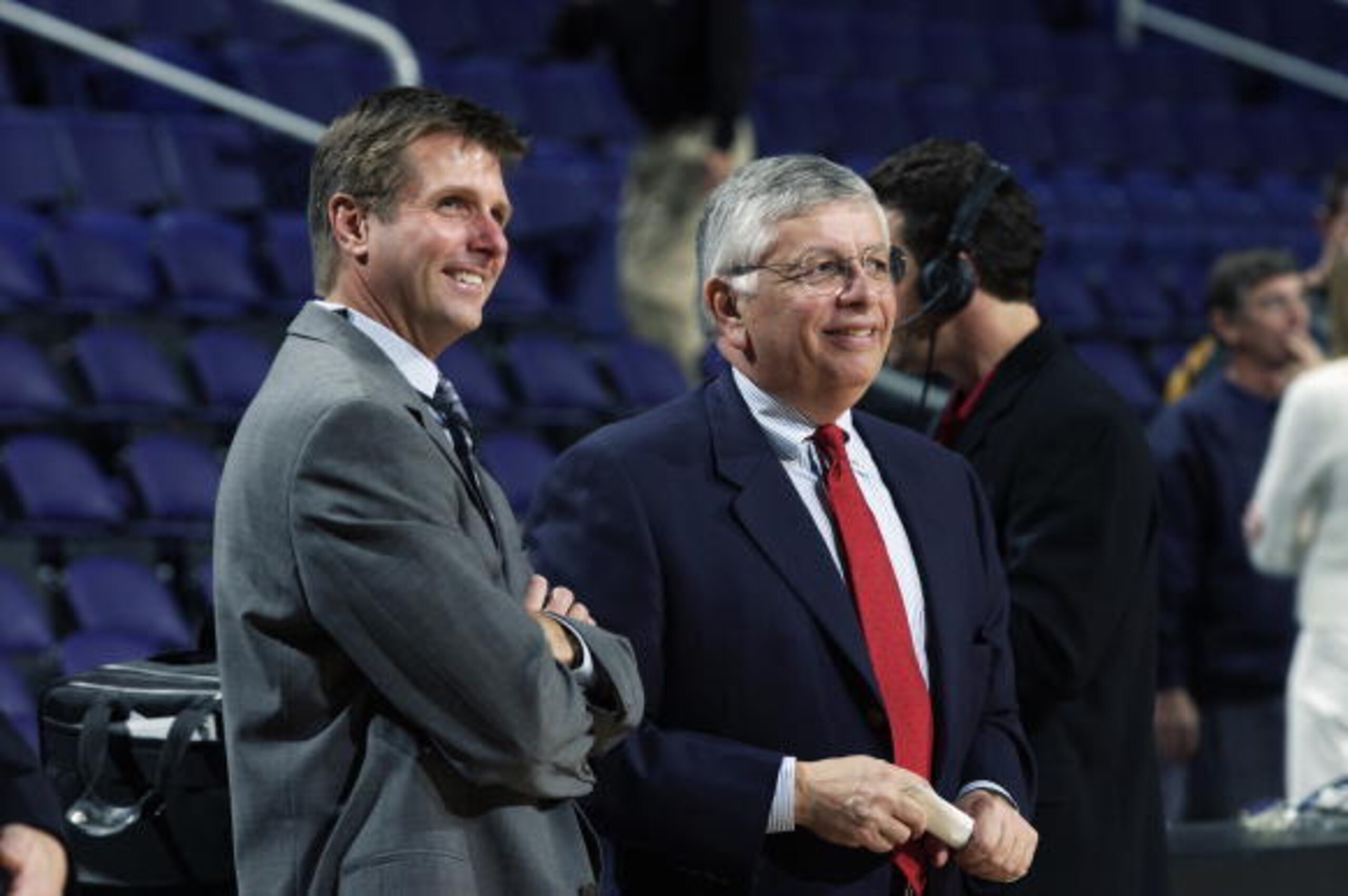 PHOENIX - JANUARY 12:  (left to right) Rick Welts President and Chief Operating Officer of the Phoenix Suns talks with NBA Commissioner David Stern during warm-ups prior to the NBA game against the Utah Jazz at America West Arena on January 12, 2003 in Ph