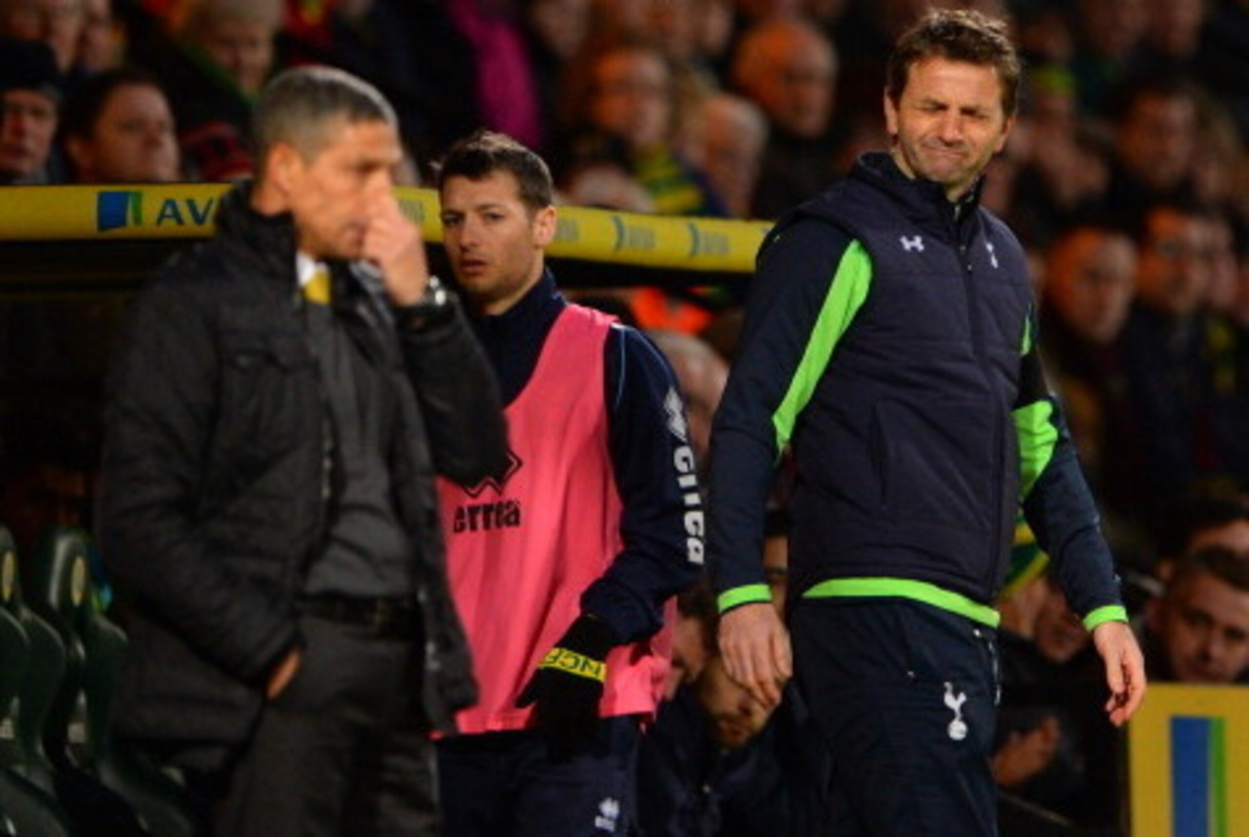 NORWICH, ENGLAND - FEBRUARY 23:  Manager Tim Sherwood of Tottenham Hotspur looks on during the Barclays Premier League match between Norwich City and Tottenham Hotspur at Carrow Road on February 23, 2014 in Norwich, England.  (Photo by Michael Regan/Getty