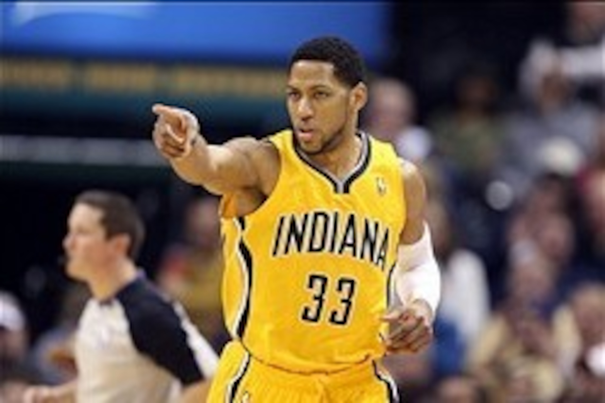 Jan 16, 2014; Indianapolis, IN, USA; Indiana Pacers forward Danny Granger (33) reacts after scoring a basket  during a game against the New York Knicks at Bankers Life Fieldhouse. Mandatory Credit: Brian Spurlock-USA TODAY Sports