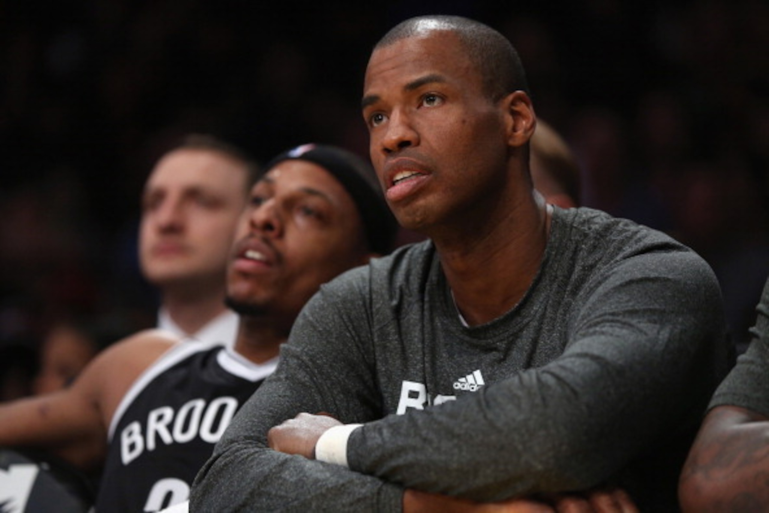 LOS ANGELES, CA - FEBRUARY 23:  Jason Collins #46 of the Brooklyn Nets looks on from the bench against the Los Angeles Lakers at Staples Center on February 23, 2014 in Los Angeles, California. NOTE TO USER: User expressly acknowledges and agrees that, by 