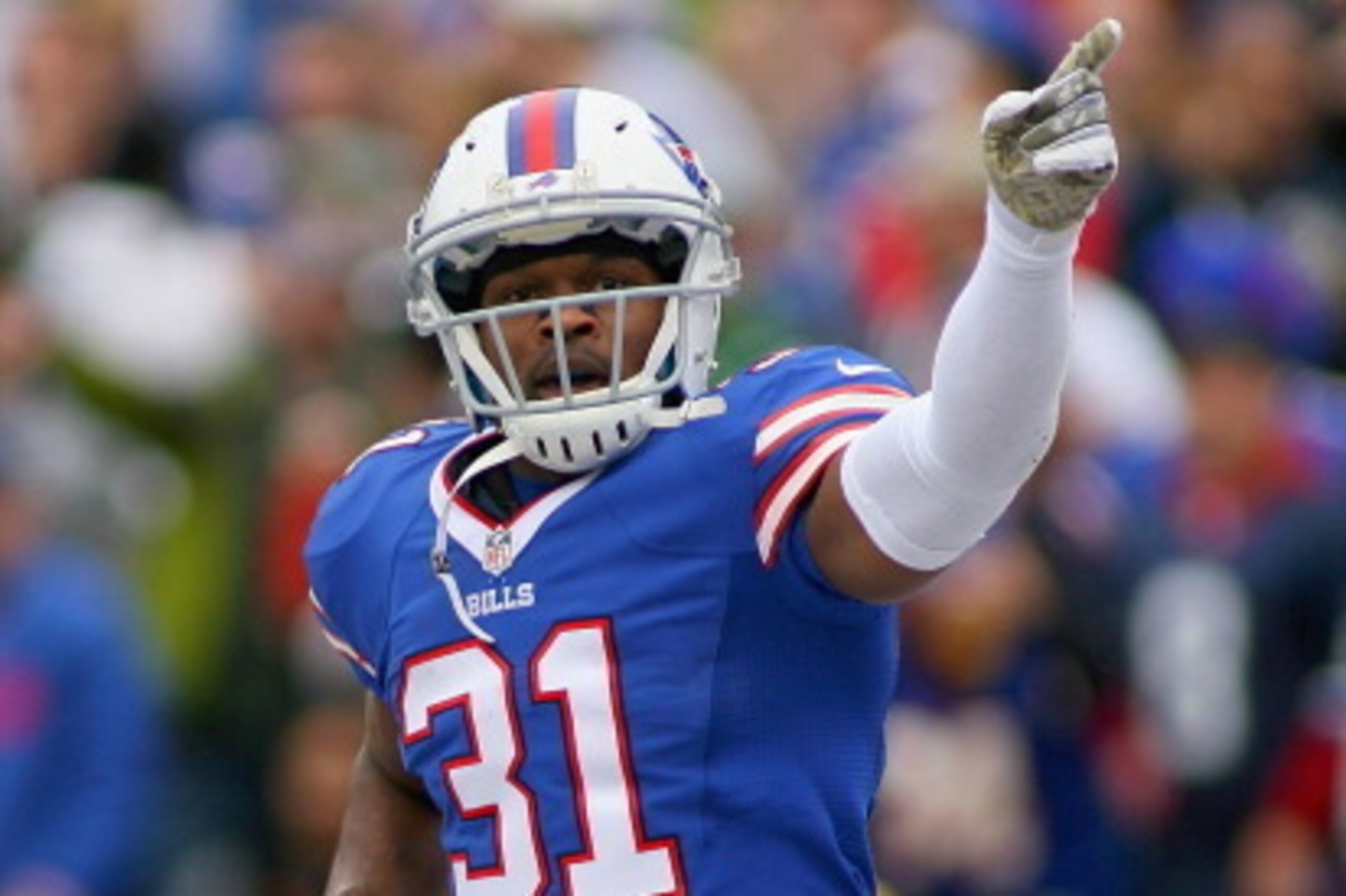 ORCHARD PARK, NY - NOVEMBER 17:  Jairus Byrd #31 of the Buffalo Bills reacts after making his first of two interceptions against the New York Jets at Ralph Wilson Stadium on November 17, 2013 in Orchard Park, New York.  (Photo by Rick Stewart/Getty Images