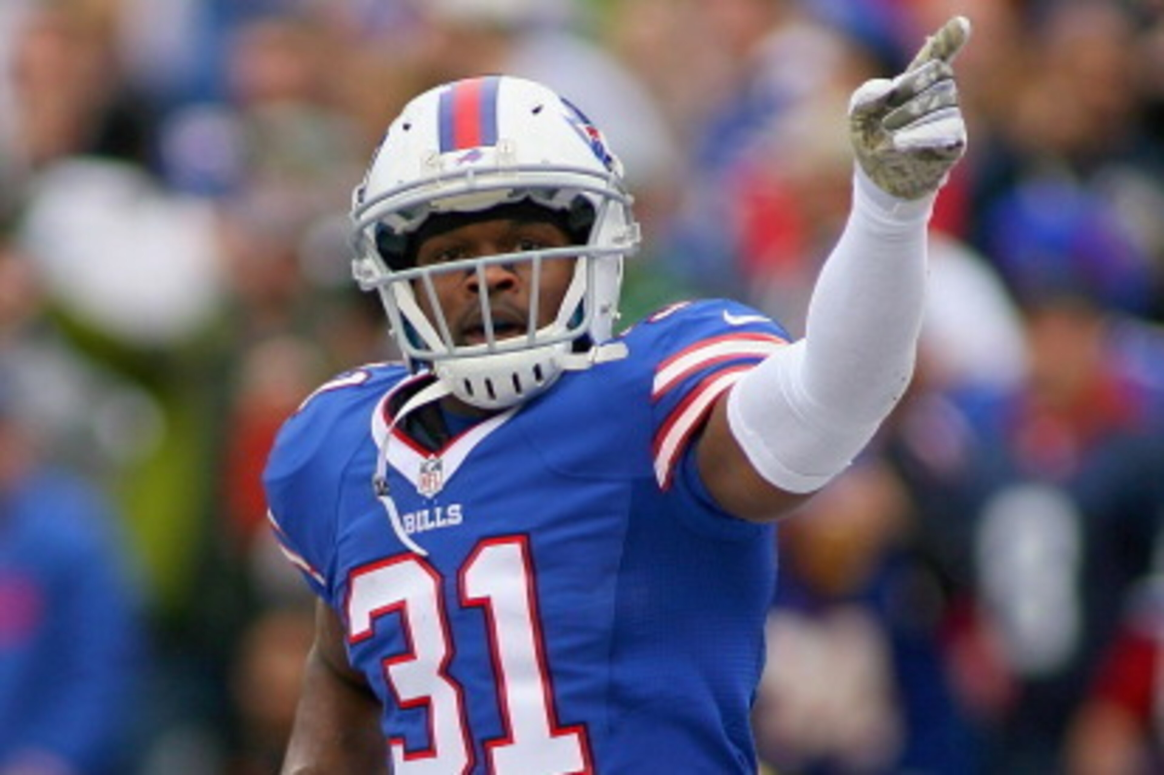 ORCHARD PARK, NY - NOVEMBER 17:  Jairus Byrd #31 of the Buffalo Bills reacts after making his first of two interceptions against the New York Jets at Ralph Wilson Stadium on November 17, 2013 in Orchard Park, New York.  (Photo by Rick Stewart/Getty Images