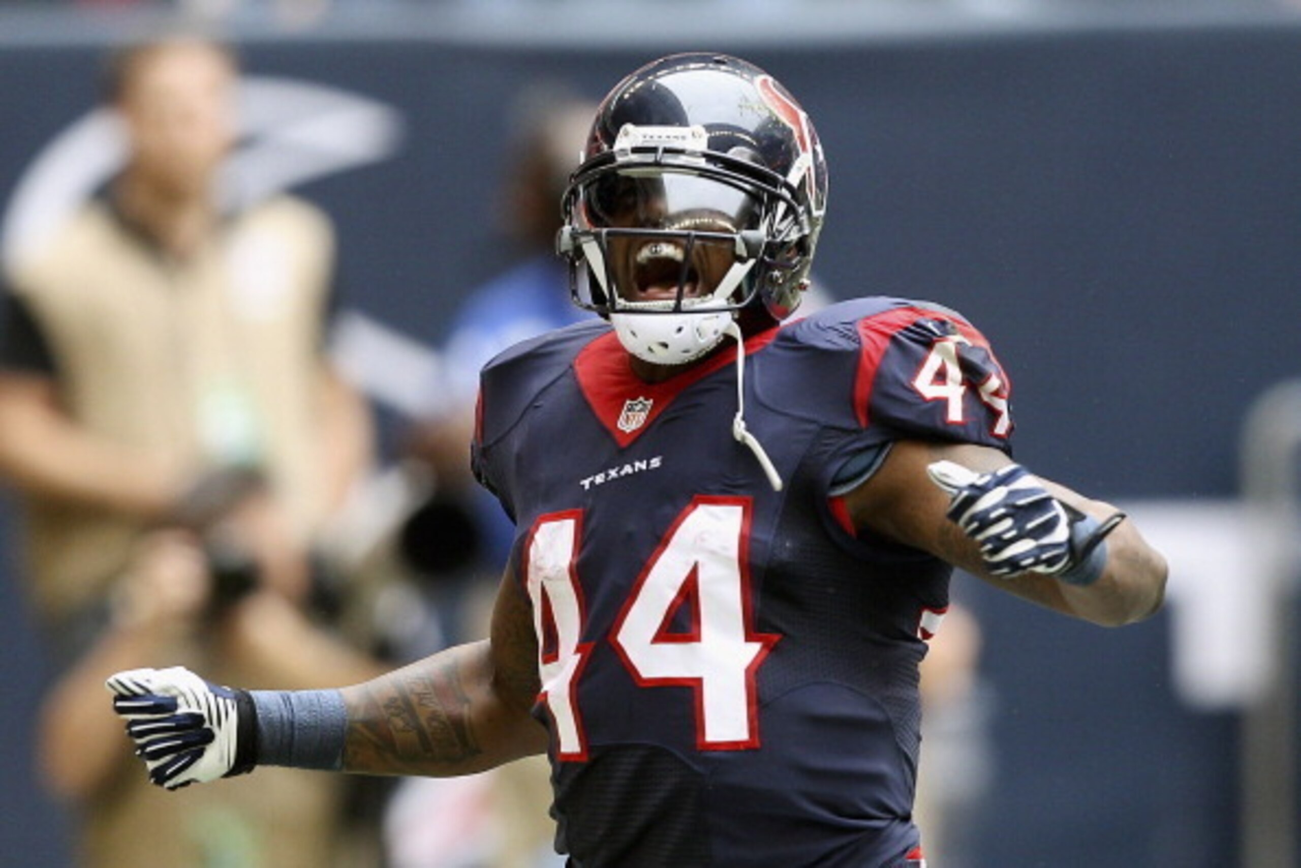 HOUSTON, TX - DECEMBER 01:  Ben Tate #44 of the Houston Texans celebrates afte scoring on a 7 yard run in the first quarter against the New England Patriots at Reliant Stadium on December 1, 2013 in Houston, Texas.  (Photo by Bob Levey/Getty Images)