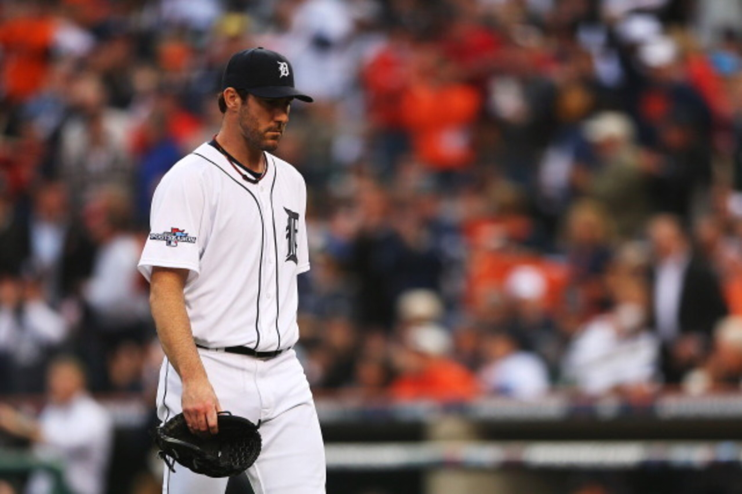 DETROIT, MI - OCTOBER 15:  Justin Verlander #35 of the Detroit Tigers walks to the dugout during Game Three of the American League Championship Series against the Boston Red Sox at Comerica Park on October 15, 2013 in Detroit, Michigan.  (Photo by Mike Eh