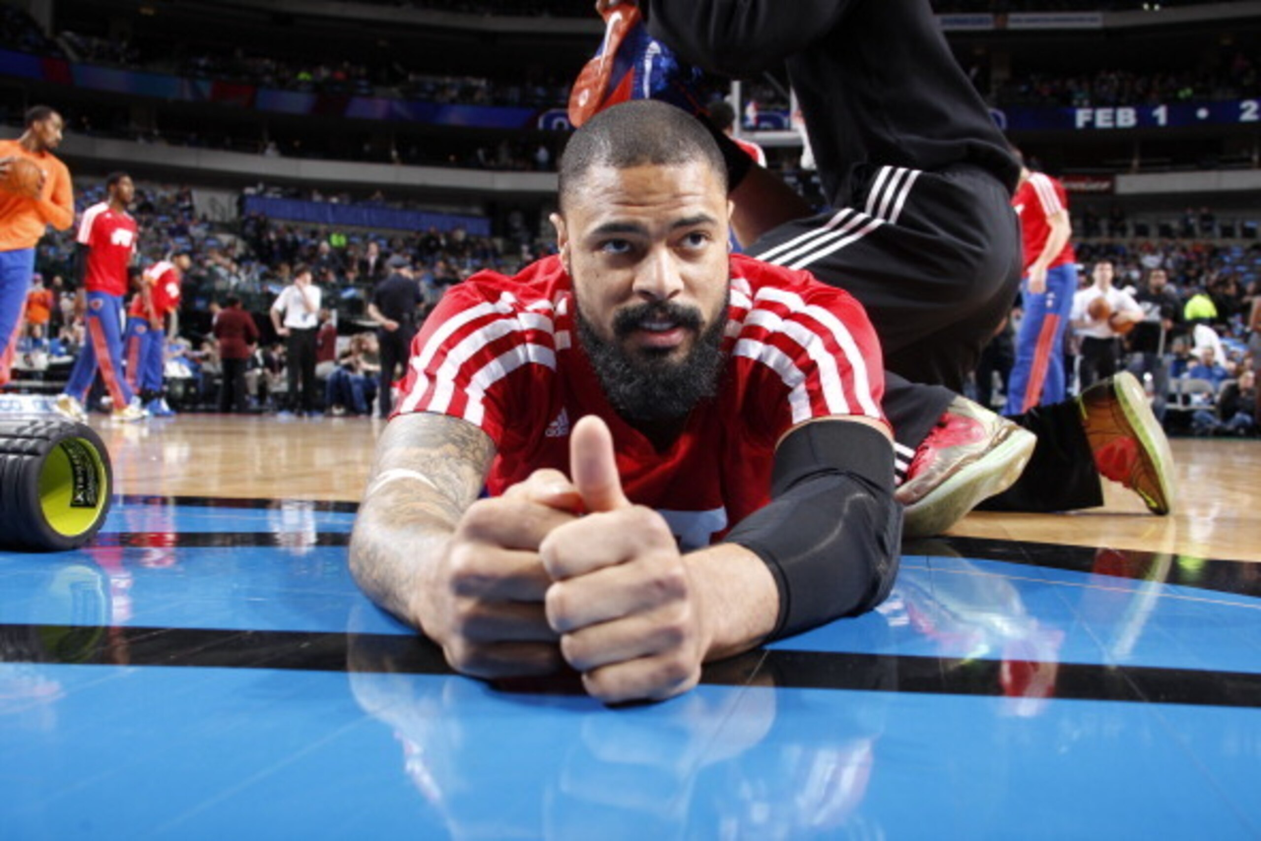 DALLAS, TX - JANUARY 5:  Tyson Chandler #6 of the New York Knicks stretches before the game against the Dallas Mavericks on January 5, 2014 at the American Airlines Center in Dallas, Texas. NOTE TO USER: User expressly acknowledges and agrees that, by dow