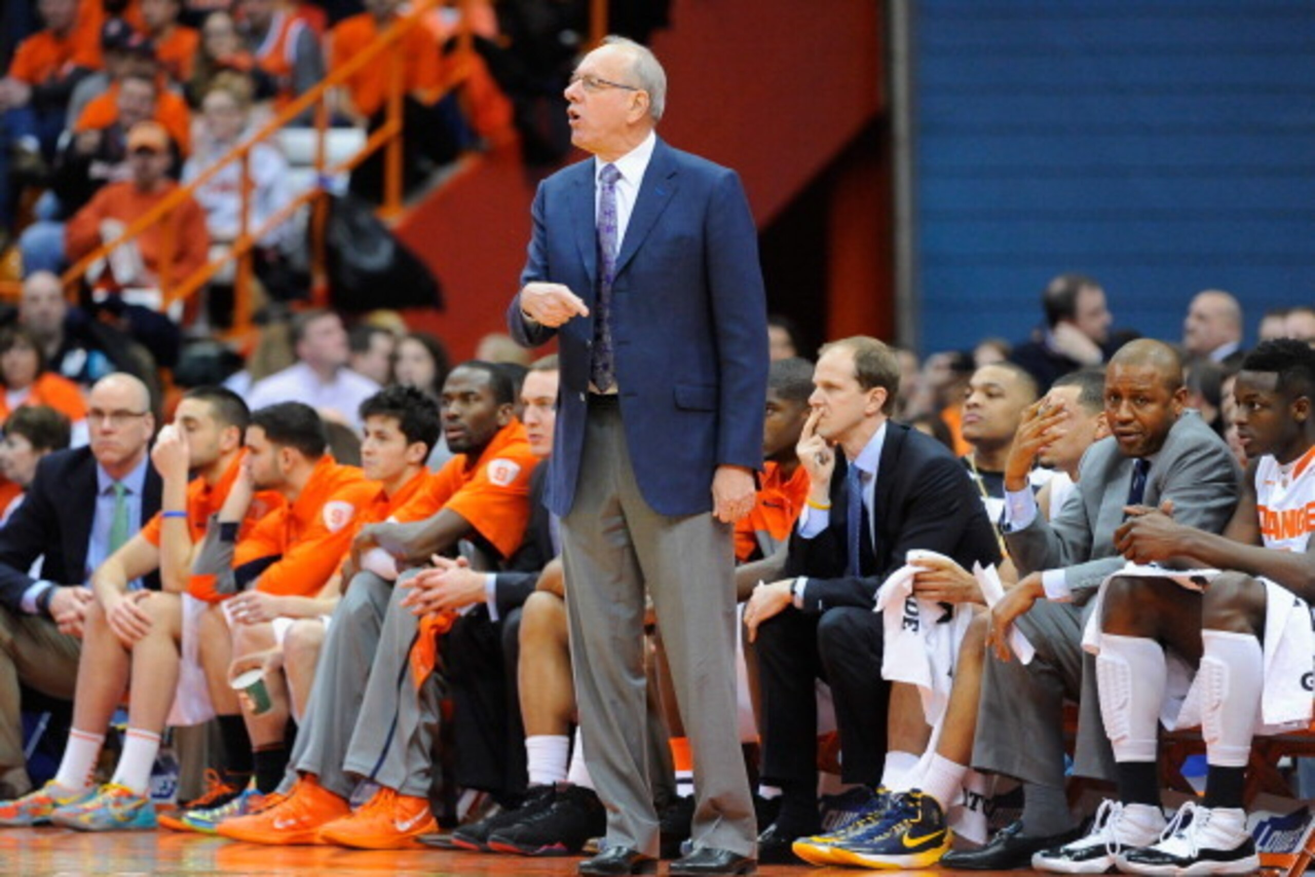 SYRACUSE, NY - FEBRUARY 15:  Head coach Jim Boeheim of the Syracuse Orange reacts to a call against the North Carolina State Wolfpack during the first half at the Carrier Dome on February 15, 2014 in Syracuse, New York.  (Photo by Rich Barnes/Getty Images