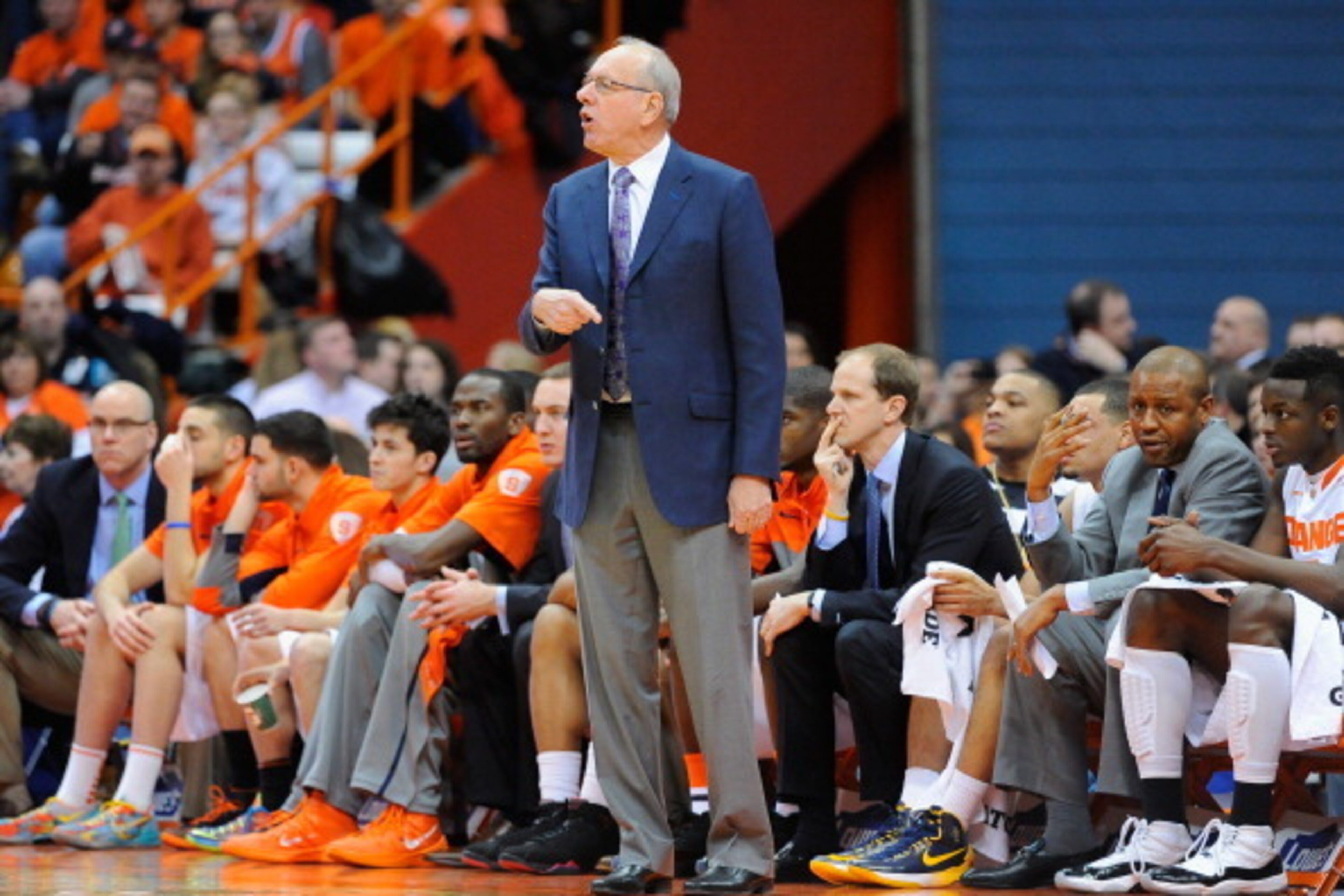 SYRACUSE, NY - FEBRUARY 15: Head coach Jim Boeheim of the Syracuse Orange reacts to a call against the North Carolina State Wolfpack during the first half at the Carrier Dome on February 15, 2014 in Syracuse, New York. (Photo by Rich Barnes/Getty Images SYRACUSE, NY - FEBRUARY 15: Head coach Jim Boeheim of the Syracuse Orange reacts to a call against the North Carolina State Wolfpack during the first half at the Carrier Dome on February 15, 2014 in Syracuse, New York. (Photo by Rich Barnes/Getty Images