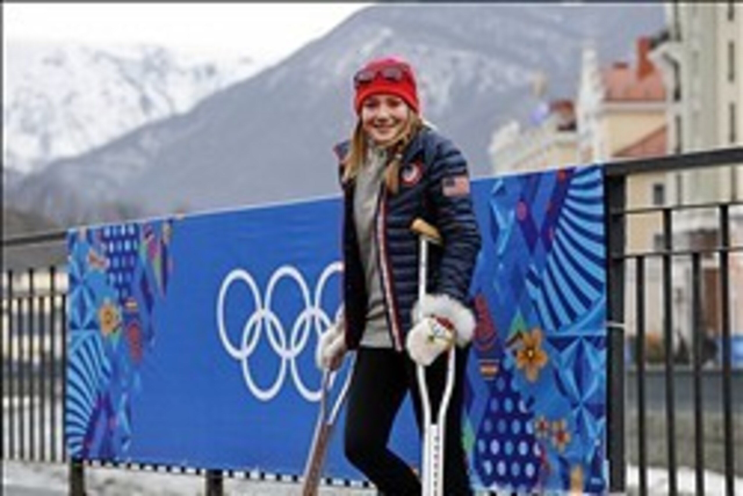 Feb 9, 2014; Krasnaya Polyana, USA; Slopestyle skier Maggie Voisin (SA) poses for a portrait while on crutches during the Sochi 2014 Olympic Winter Games at Olympic Village. Mandatory Credit: Kevin Jairaj-USA TODAY Sports