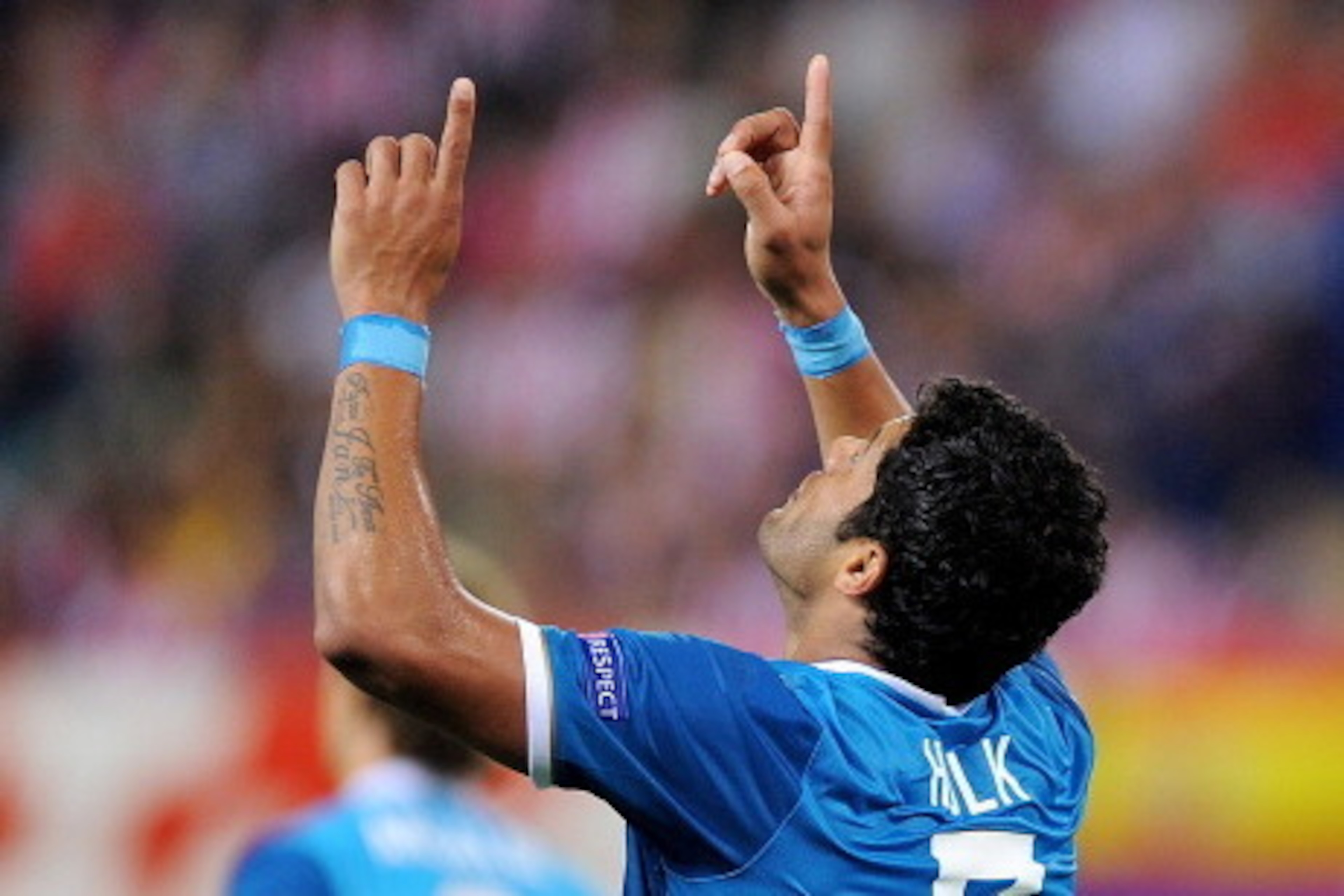 MADRID, SPAIN - SEPTEMBER 18: Hulk of FC Zenit celebrates after scoring his team's openng goal during the UEFA Champions League Group G match between Club Atletico de Madrid and FC Zenit at Vicente Calderon Stadium on September 18, 2013 in Madrid, Spain.