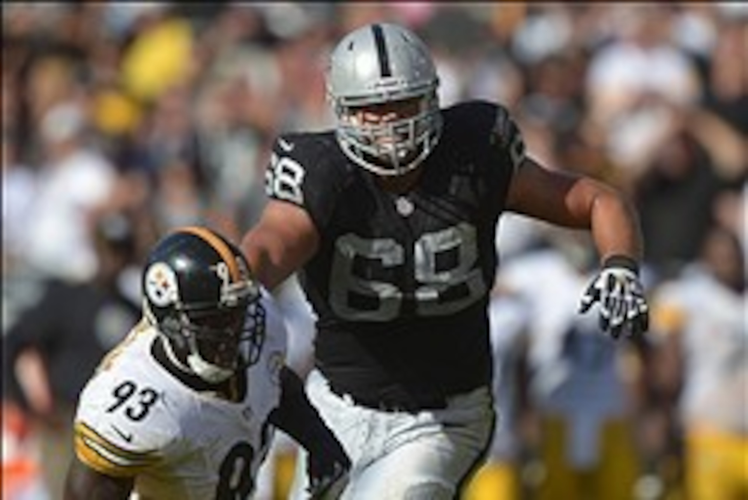 Sep 23, 2012; Oakland, CA, USA; Oakland Raiders tackle Jared Veldheer (68) defends against Pittsburgh Steelers linebacker Jason Worilds (93) at the O.co Coliseum. The Raiders defeated the Steelers 34-31. Mandatory Credit: Kirby Lee/Image of Sport-USA TODA