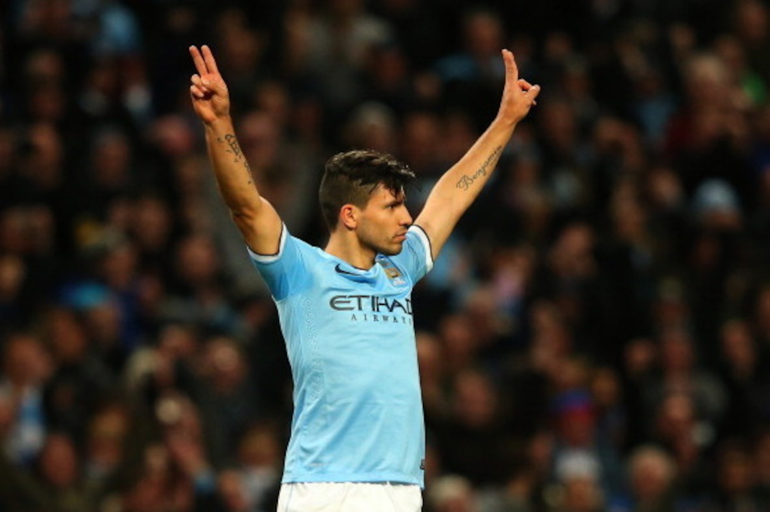 MANCHESTER, ENGLAND - JANUARY 18:  Sergio Aguero of Manchester City celebratesafter scoring his team's fourth goal during the Barclays Premier League match between Manchester City and Cardiff City at the Etihad Stadium on January 18, 2014 in Manchester, E