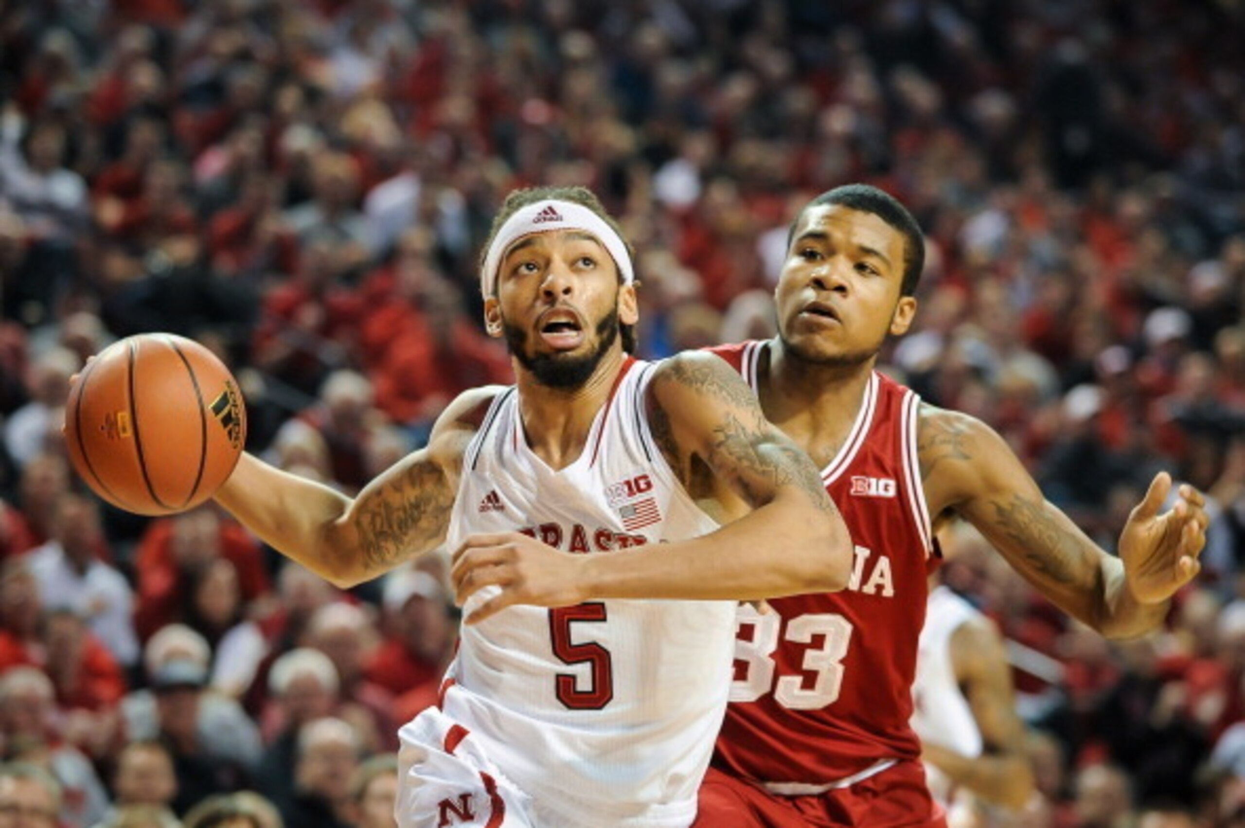 LINCOLN, NE - JANUARY 30: Terran Petteway #5 of the Nebraska Cornhuskers drives to the basket past Jeremy Hollowell #33 of the Indiana Hoosiers during a game at Pinnacle Bank Arena on January 30, 2014 in Lincoln, Nebraska. (Photo by Eric Francis/Getty Im LINCOLN, NE - JANUARY 30: Terran Petteway #5 of the Nebraska Cornhuskers drives to the basket past Jeremy Hollowell #33 of the Indiana Hoosiers during a game at Pinnacle Bank Arena on January 30, 2014 in Lincoln, Nebraska. (Photo by Eric Francis/Getty Im