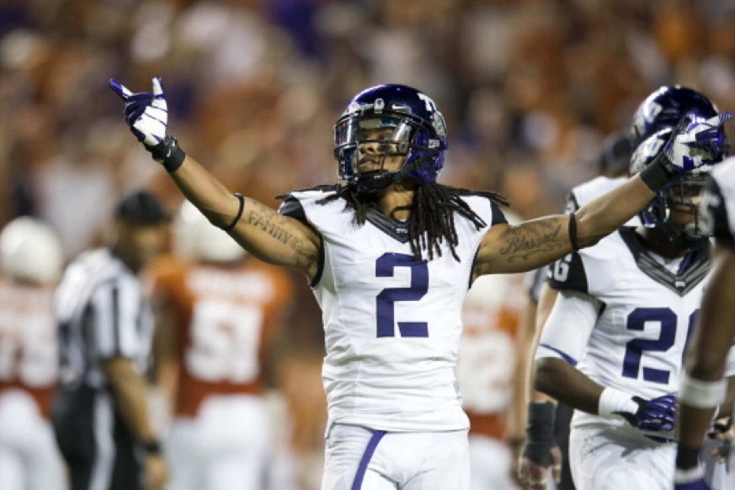 AUSTIN, TX - NOVEMBER 22:  Jason Verrett #2 of the TCU Horned Frogs celebrates after an interception that lead to the TCU victory over the Texas Longhorns on November 22, 2012 at Darrell K Royal-Texas Memorial Stadium in Austin, Texas.  (Photo by Cooper N