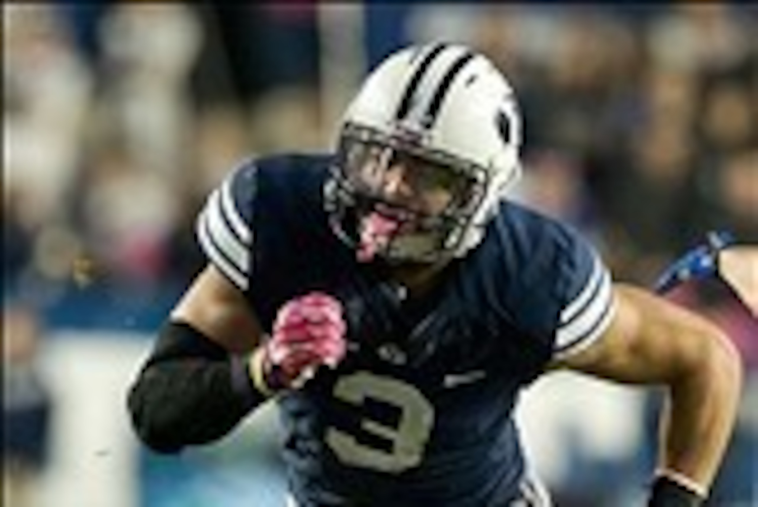 Oct 25, 2013; Provo, UT, USA; Brigham Young Cougars linebacker Kyle Van Noy (3) rushes during the second half against the Boise State Broncos at Lavell Edwards Stadium. Brigham Young won 37-20. Mandatory Credit: Russ Isabella-USA TODAY Sports