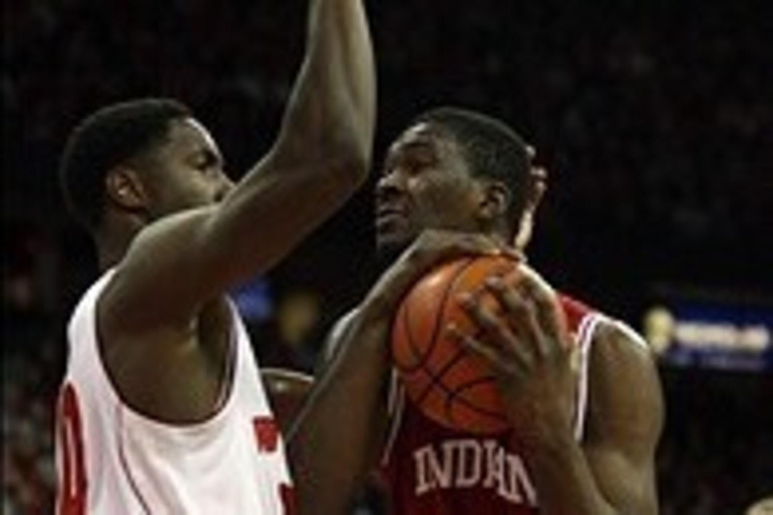Feb 25, 2014; Madison, WI, USA; Indiana Hoosiers forward Noah Vonleh (1) looks to shoot as Wisconsin Badgers forward Nigel Hayes (right) defends during the first half at the Kohl Center. Mandatory Credit: Mary Langenfeld-USA TODAY Sports Feb 25, 2014; Madison, WI, USA; Indiana Hoosiers forward Noah Vonleh (1) looks to shoot as Wisconsin Badgers forward Nigel Hayes (right) defends during the first half at the Kohl Center. Mandatory Credit: Mary Langenfeld-USA TODAY Sports