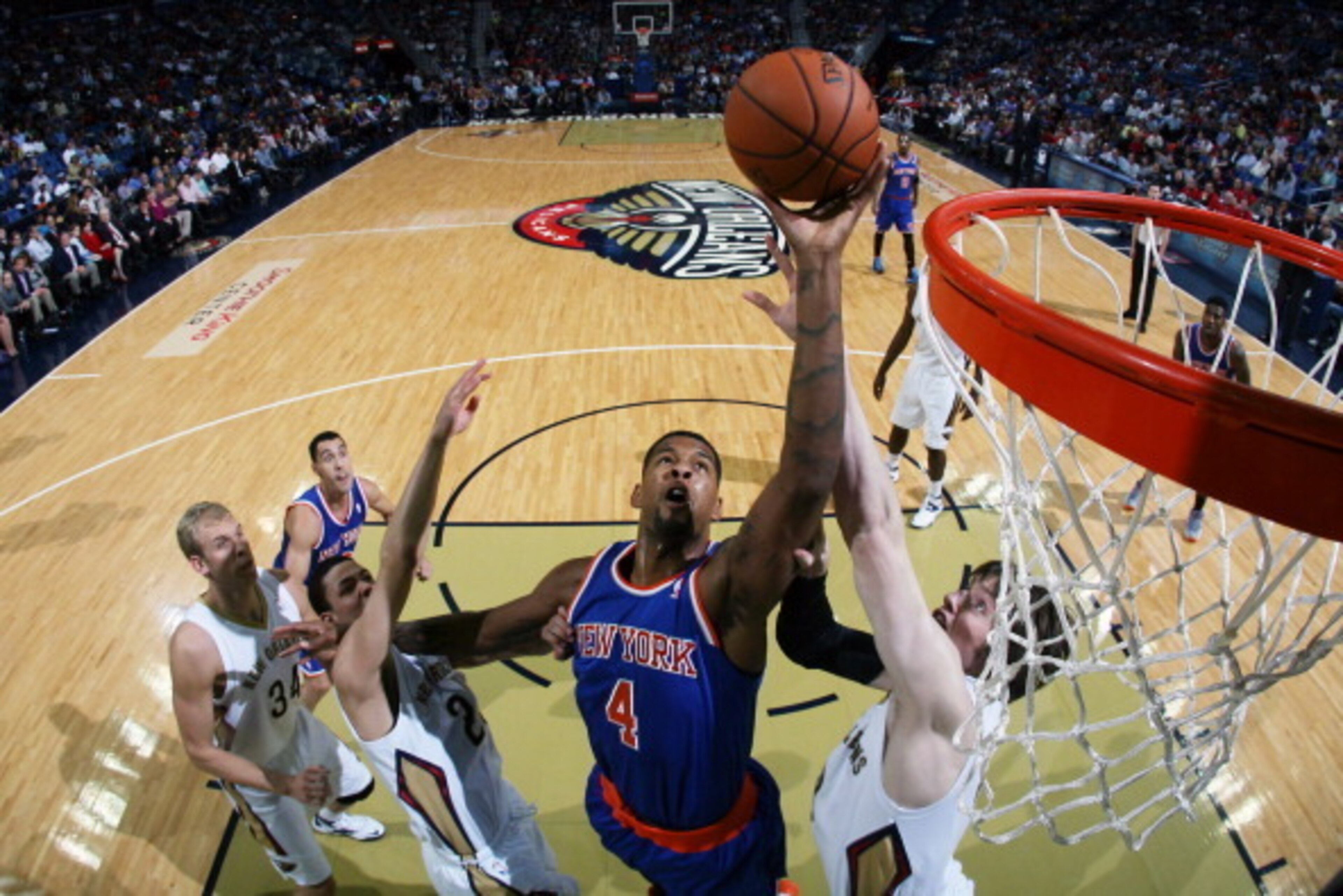 NEW ORLEANS, LA - FEBRUARY 19: Jeremy Tyler #4 of the New York Knicks grabs a rebound against the New Orleans Pelicans on February 19, 2014 at the New Orleans Arena in New Orleans, Louisiana. NOTE TO USER: User expressly acknowledges and agrees that, by d