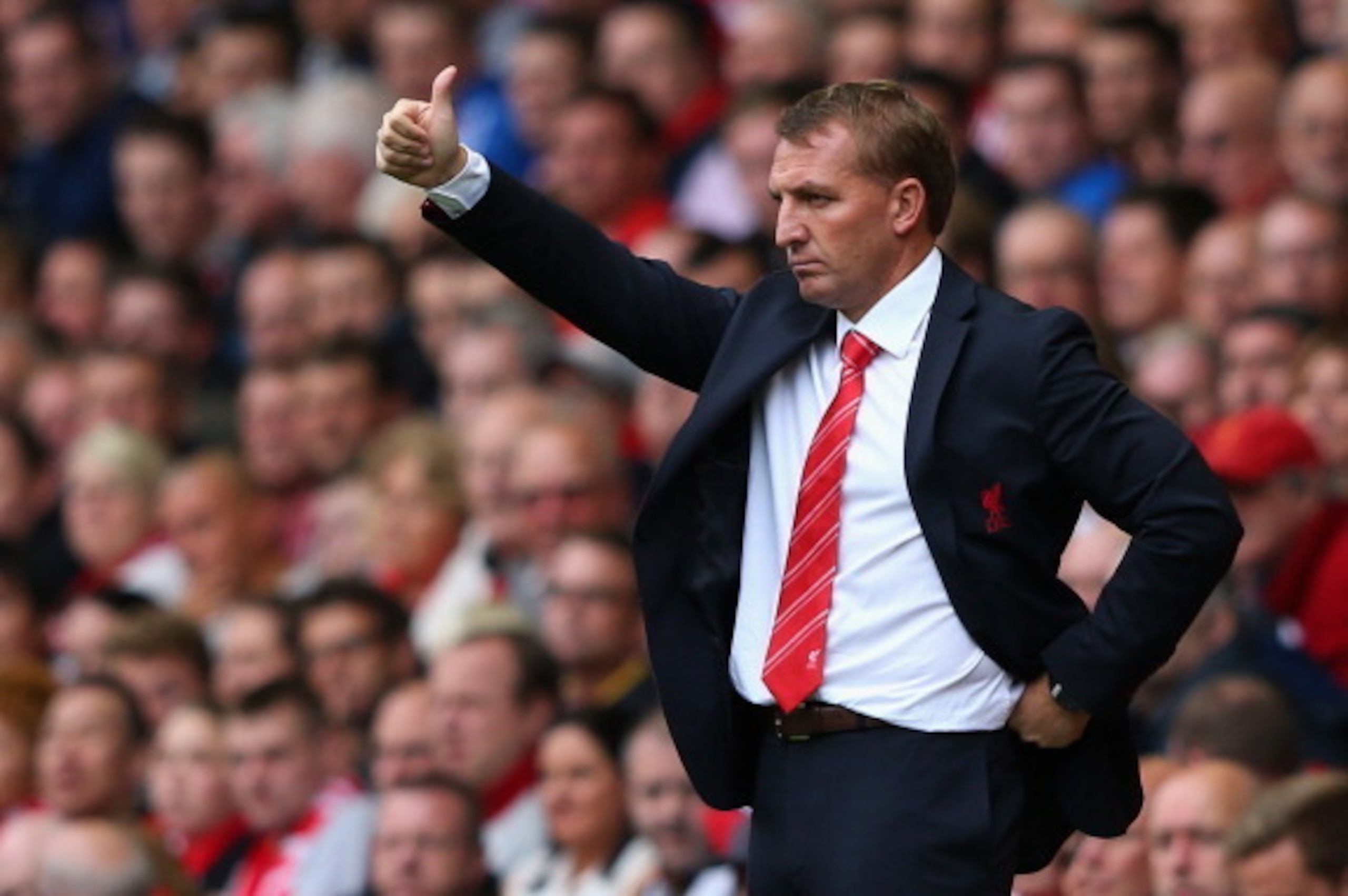 LIVERPOOL, ENGLAND - SEPTEMBER 01:  Liverpool Manager Brendan Rodgers gestures during the Barclays Premier League match between Liverpool and Manchester United at Anfield on September 01, 2013 in Liverpool, England.  (Photo by Alex Livesey/Getty Images)