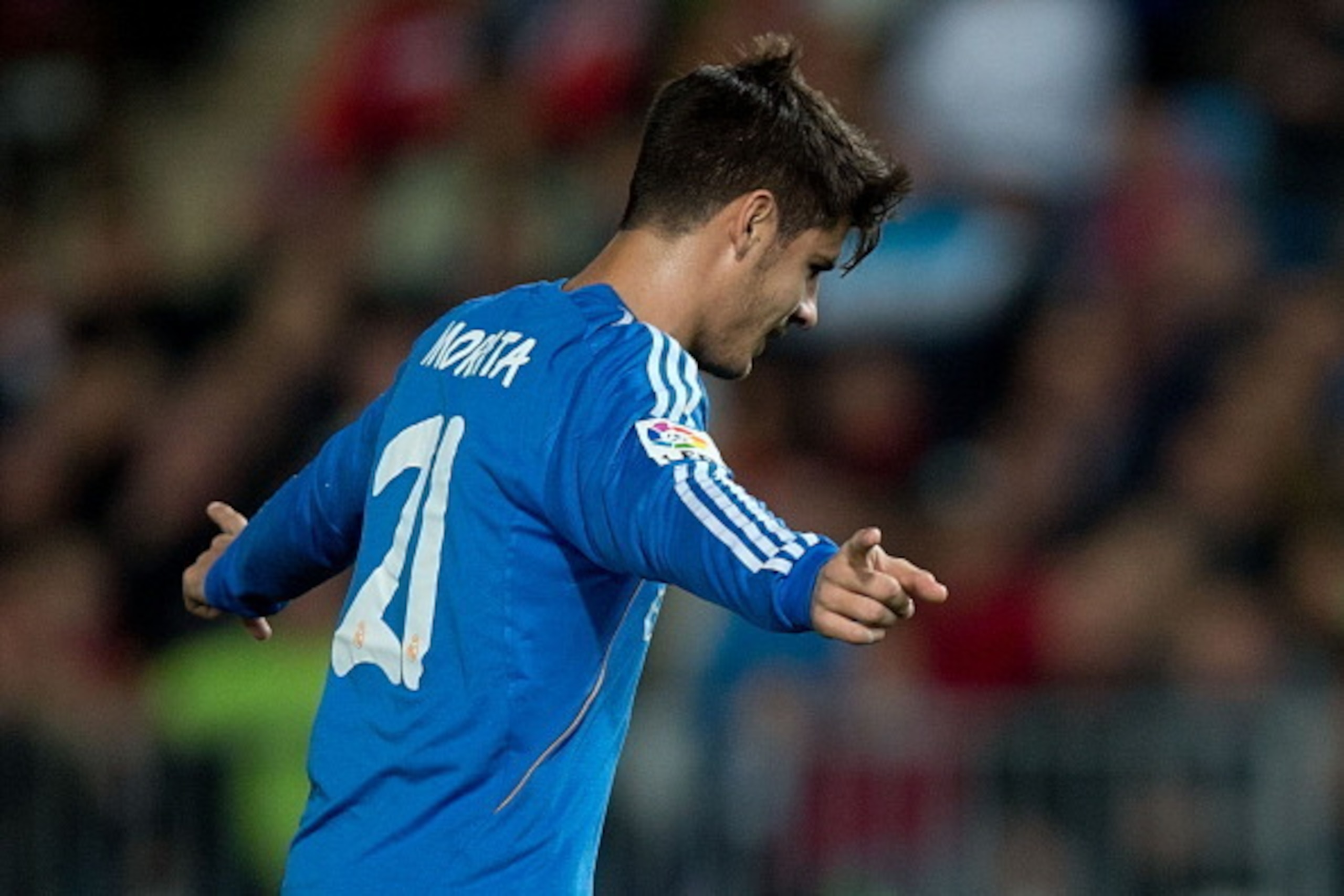 ALMERIA, SPAIN - NOVEMBER 23:  Alvaro B. Morata of Real Madrid CF celebrates scoring their fifth goal during the La Liga match between UD Almeria and Real Madrid CF at Estadio de Los Juegos Mediterraneos on November 23, 2013 in Almeria, Spain.  (Photo by 