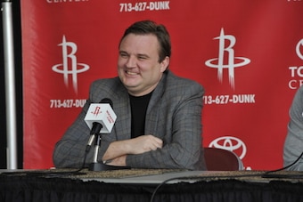 HOUSTON, TX - OCTOBER 29: General Manager Daryl Morey of the Houston Rockets speaks to the media as James Harden is introduced to the media on October 29, 2012 at Toyota Center in Houston, Texas. NOTE TO USER: User expressly acknowledges and agrees that, 
