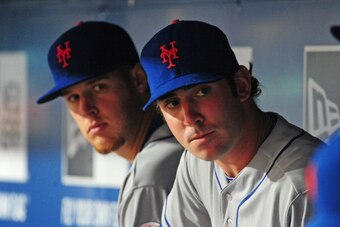 ATLANTA, GA - JUNE 18: Zack Wheeler #45 (L) and Matt Harvey #33 of the New York Mets relax in the dugout during game two of a doubleheader against the Atlanta Braves at Turner Field on June 18, 2013 in Atlanta, Georgia. (Photo by Scott Cunningham/Getty Im