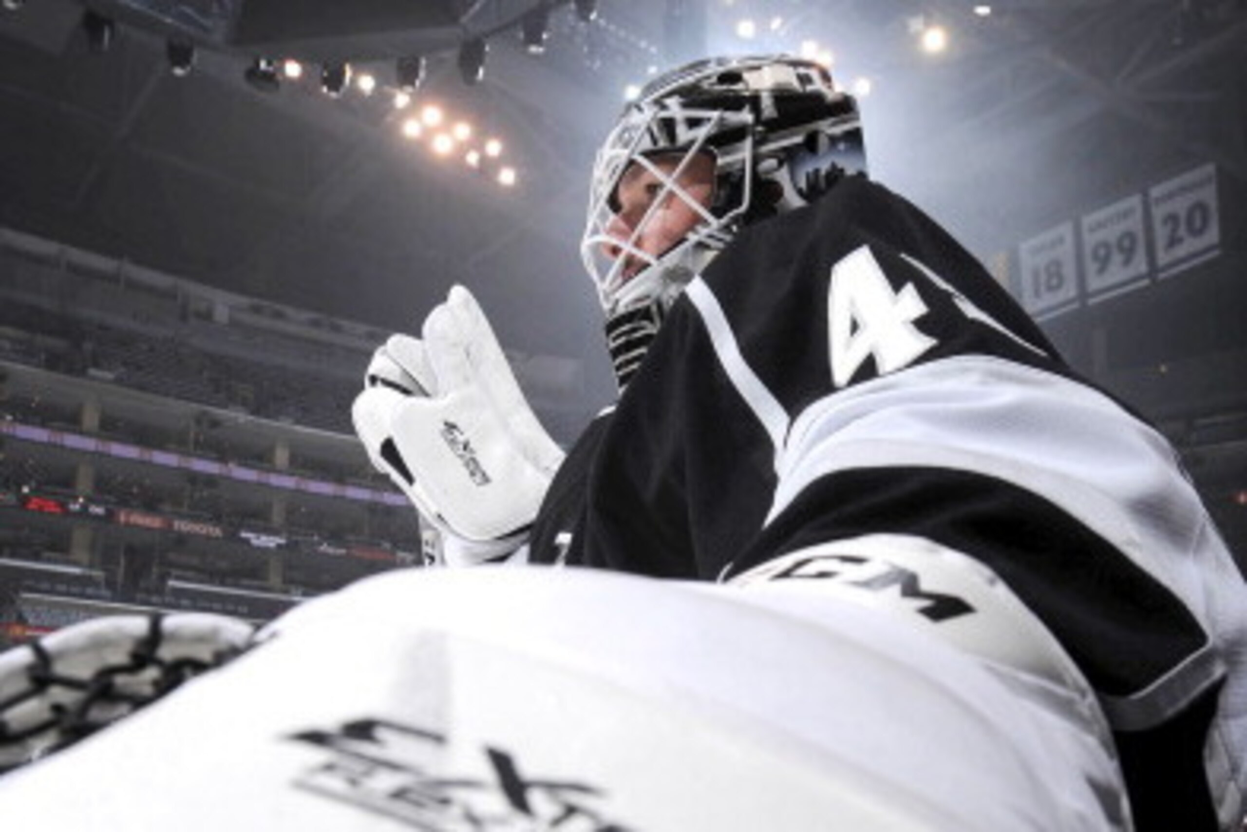 LOS ANGELES, CA - JUNE 6:  Jonathan Bernier #45 of the Los Angeles Kings warms up on the ice before facing the Chicago Blackhawks in Game Four of the Western Conference Final during the 2013 NHL Stanley Cup Playoffs at Staples Center on June 6, 2013 in Lo