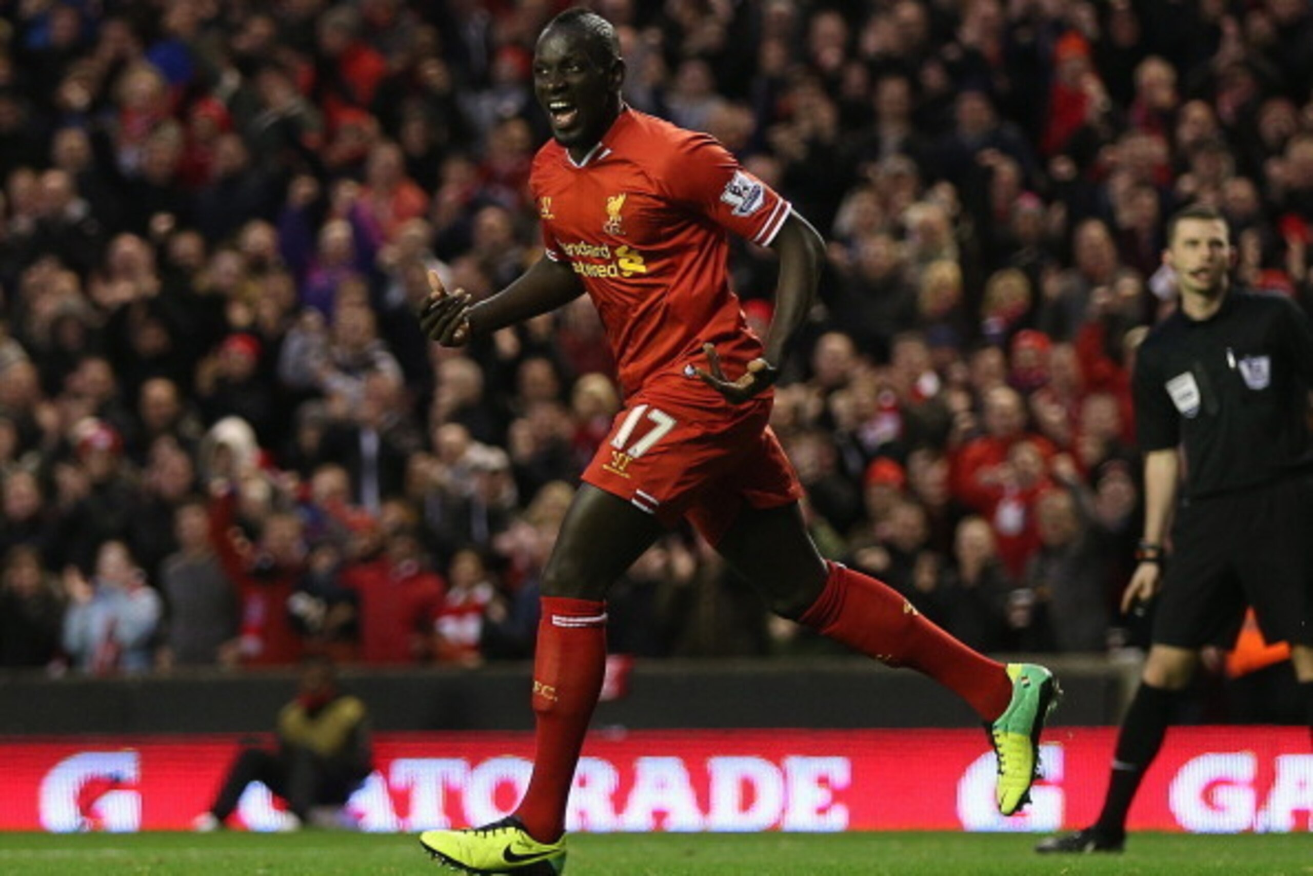 LIVERPOOL, ENGLAND - DECEMBER 07:  Mamadou Sakho of Liverpool celebrates scoring his team's second goal during the Barclays Premier League match between Liverpool and West Ham United at Anfield on December 7, 2013 in Liverpool, England.  (Photo by Clive B