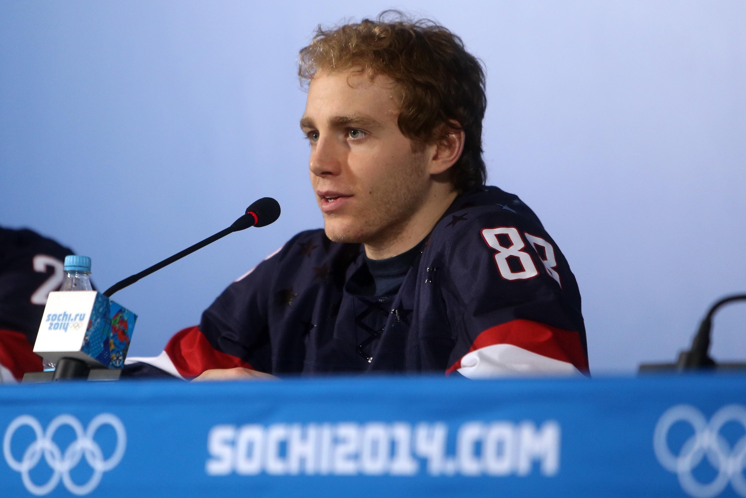 Feb 7, 2014; Sochi, RUSSIA; USA forward Patrick Kane (88) at a press conference at the Sochi 2014 Olympic Winter Games. Mandatory Credit: Jerry Lai-USA TODAY Sports Feb 7, 2014; Sochi, RUSSIA; USA forward Patrick Kane (88) at a press conference at the Sochi 2014 Olympic Winter Games. Mandatory Credit: Jerry Lai-USA TODAY Sports