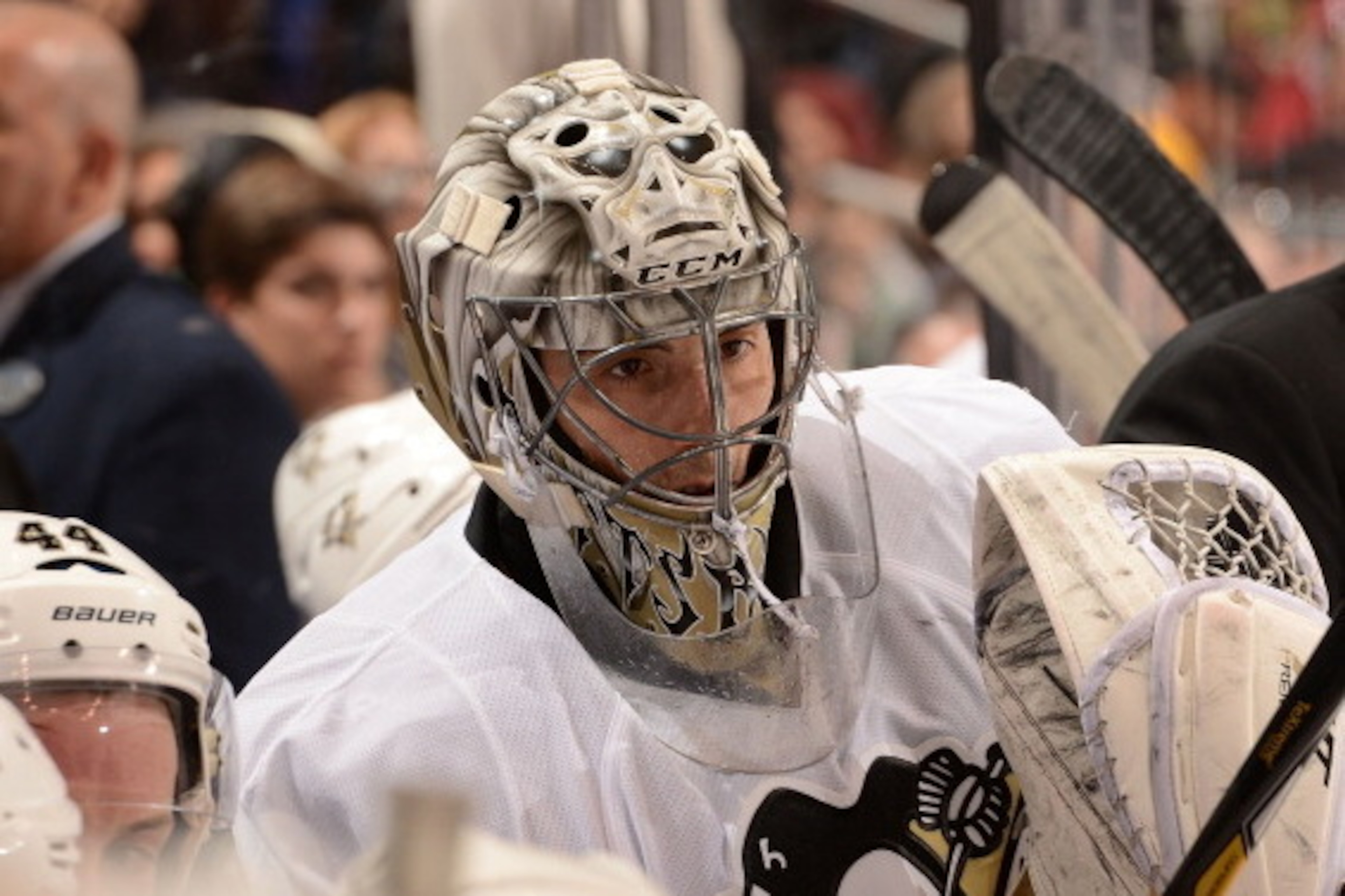 GLENDALE, AZ - FEBRUARY 01: Marc-Andre Fleury #29 of the Pittsburgh Penguins looks up ice during a stop in play against the Phoenix Coyotes at Jobing.com Arena on February 1, 2014 in Glendale, Arizona. (Photo by Norm Hall/NHLI via Getty Images) GLENDALE, AZ - FEBRUARY 01: Marc-Andre Fleury #29 of the Pittsburgh Penguins looks up ice during a stop in play against the Phoenix Coyotes at Jobing.com Arena on February 1, 2014 in Glendale, Arizona. (Photo by Norm Hall/NHLI via Getty Images)