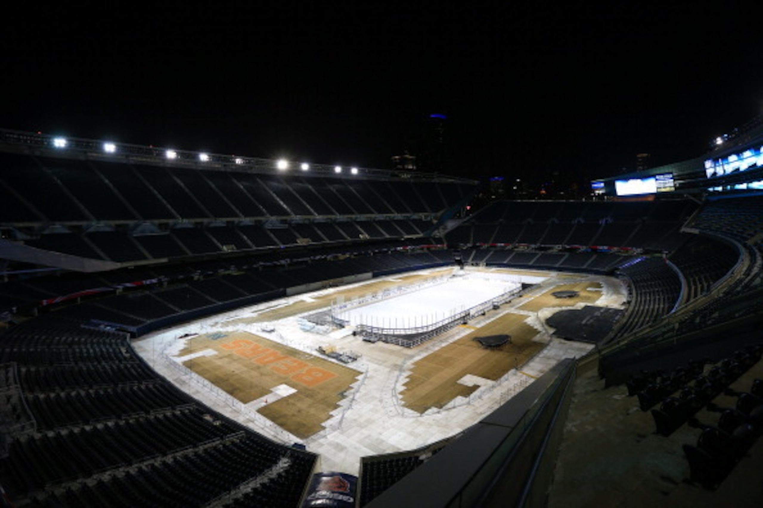 CHICAGO, IL - FEBRUARY 25: A general view of Soldier Field as preparations for the 2014 Coors Light NHL Stadium Series Game continue on February 25, 2014 at Soldier Field in Chicago, Illinois. (Chase Agnello-Dean/NHL via Getty Images) CHICAGO, IL - FEBRUARY 25: A general view of Soldier Field as preparations for the 2014 Coors Light NHL Stadium Series Game continue on February 25, 2014 at Soldier Field in Chicago, Illinois. (Chase Agnello-Dean/NHL via Getty Images)
