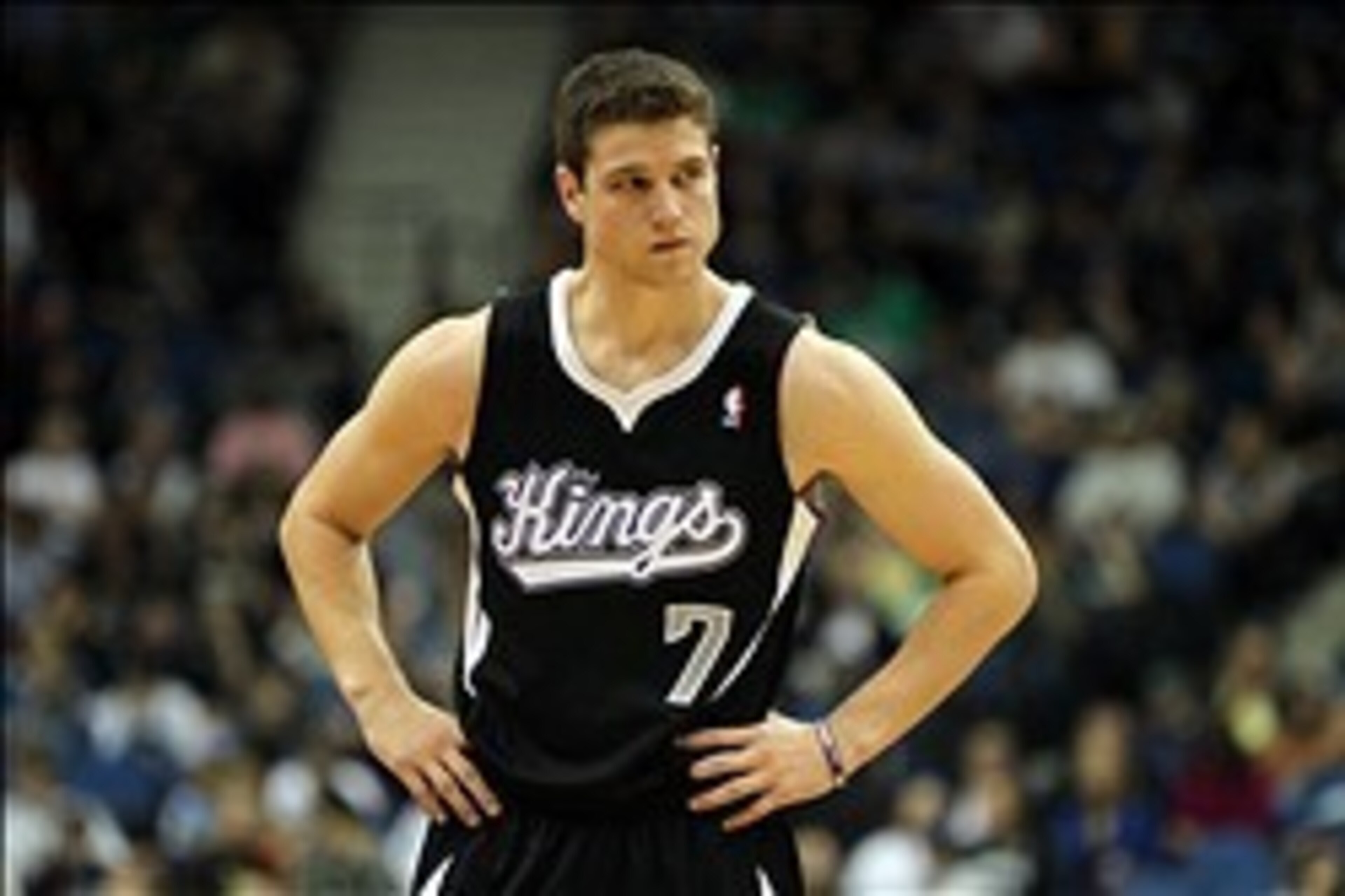 Nov 2, 2012; Minneapolis, MN, USA; Sacramento Kings guard Jimmer Fredette (7) looks on during the fourth quarter against the Minnesota Timberwolves at the Target Center. The Timberwolves defeated the Kings 92-80. Mandatory Credit: Brace Hemmelgarn-USA TOD