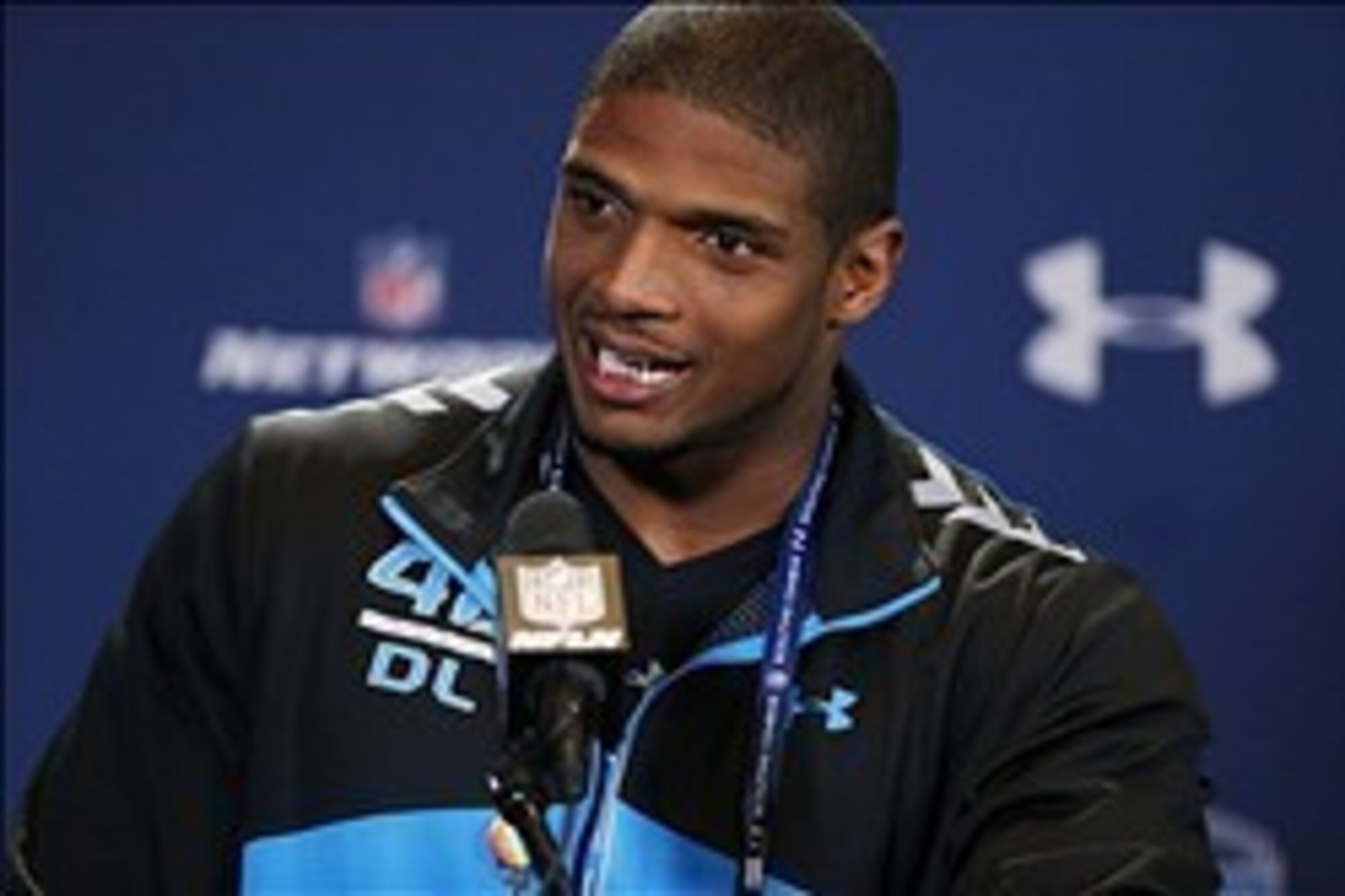 Feb 22, 2014; Indianapolis, IN, USA; Missouri Tigers defensive end Michael Sam speaks to the media in a press conference during the 2014 NFL Combine at Lucas Oil Stadium. Mandatory Credit: Brian Spurlock-USA TODAY Sports