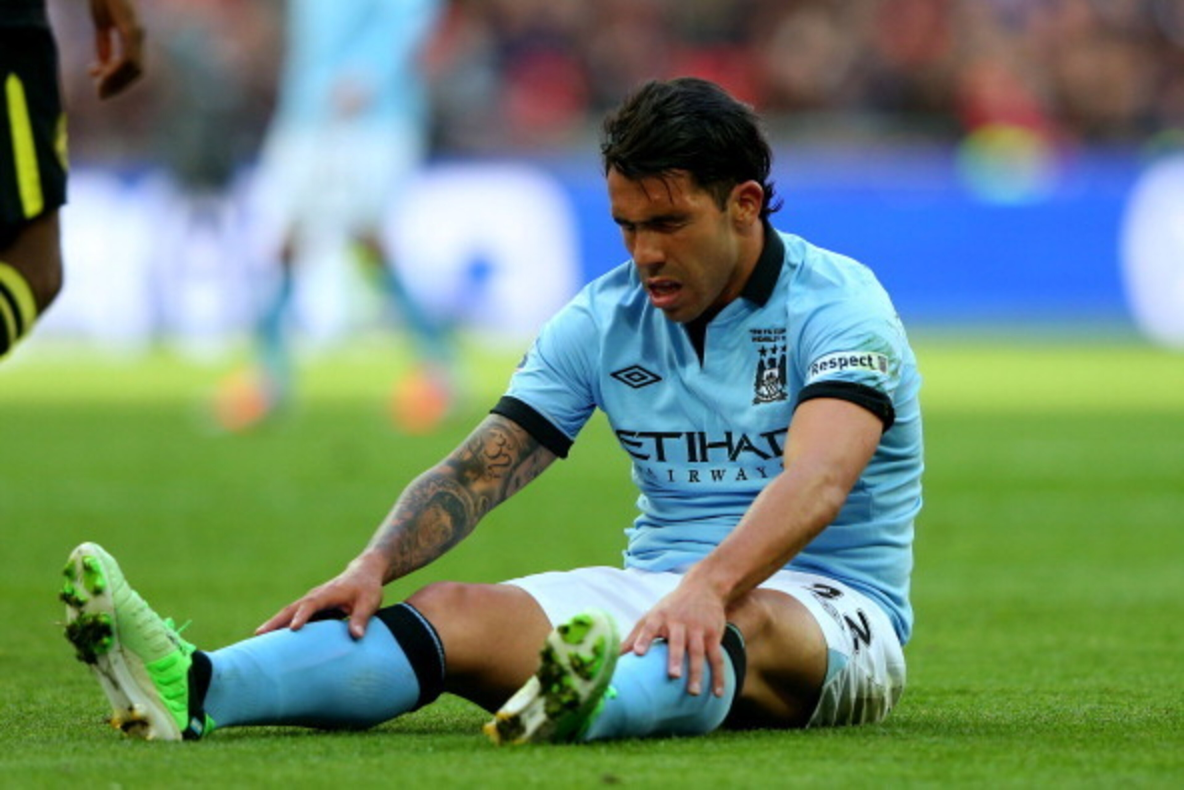 LONDON, ENGLAND - MAY 11:  Carlos Tevez of Manchester City reacts during the FA Cup with Budweiser Final between Manchester City and Wigan Athletic at Wembley Stadium on May 11, 2013 in London, England.  (Photo by Alex Livesey/Getty Images)