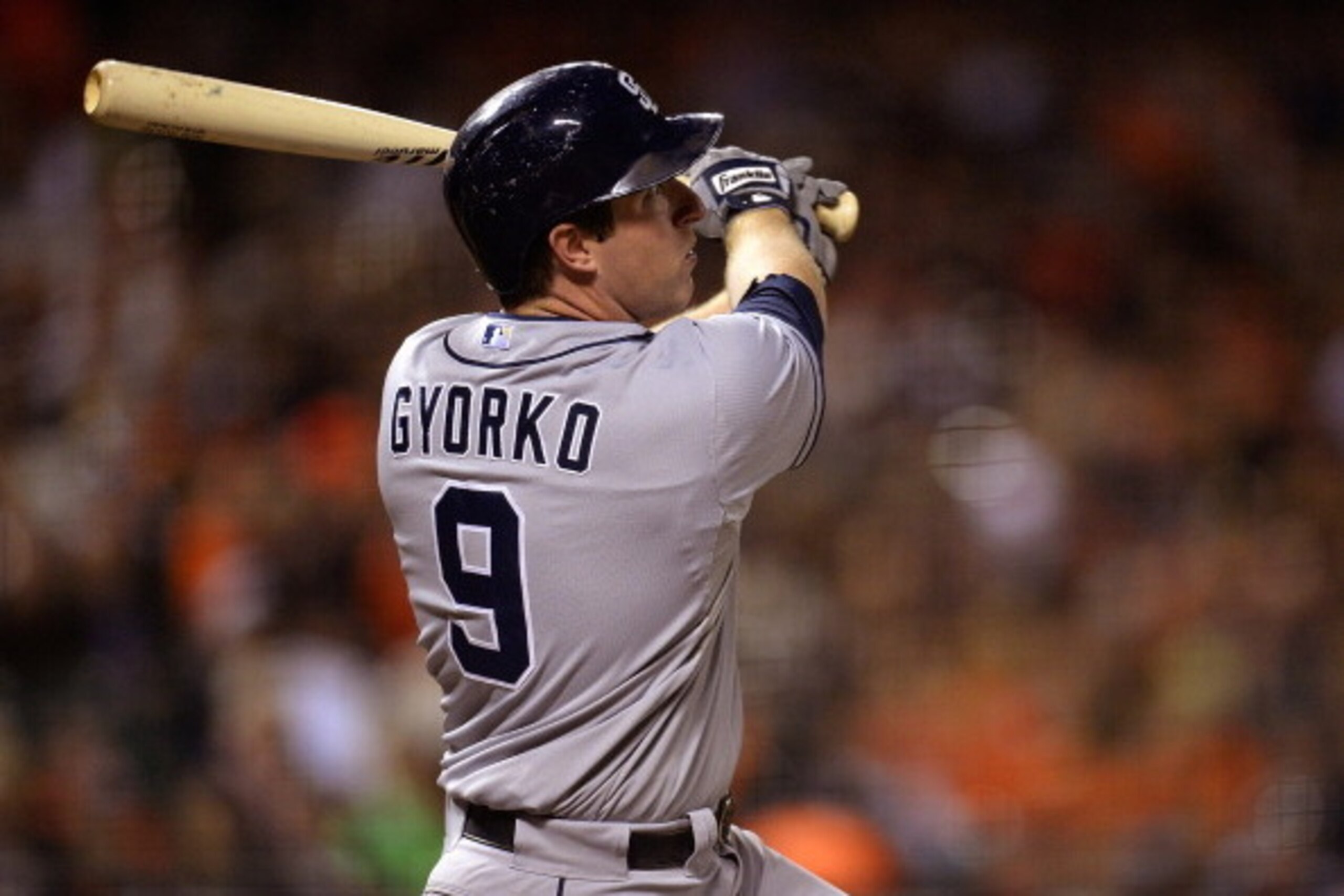 SAN FRANCISCO, CA - SEPTEMBER 27:  Jedd Gyorko #9 of the San Diego Padres hits an RBI double scoring Chris Denorfia #13 (not pictured) during the third inning against the San Francisco Giants at AT&T Park on September 27, 2013 in San Francisco, California
