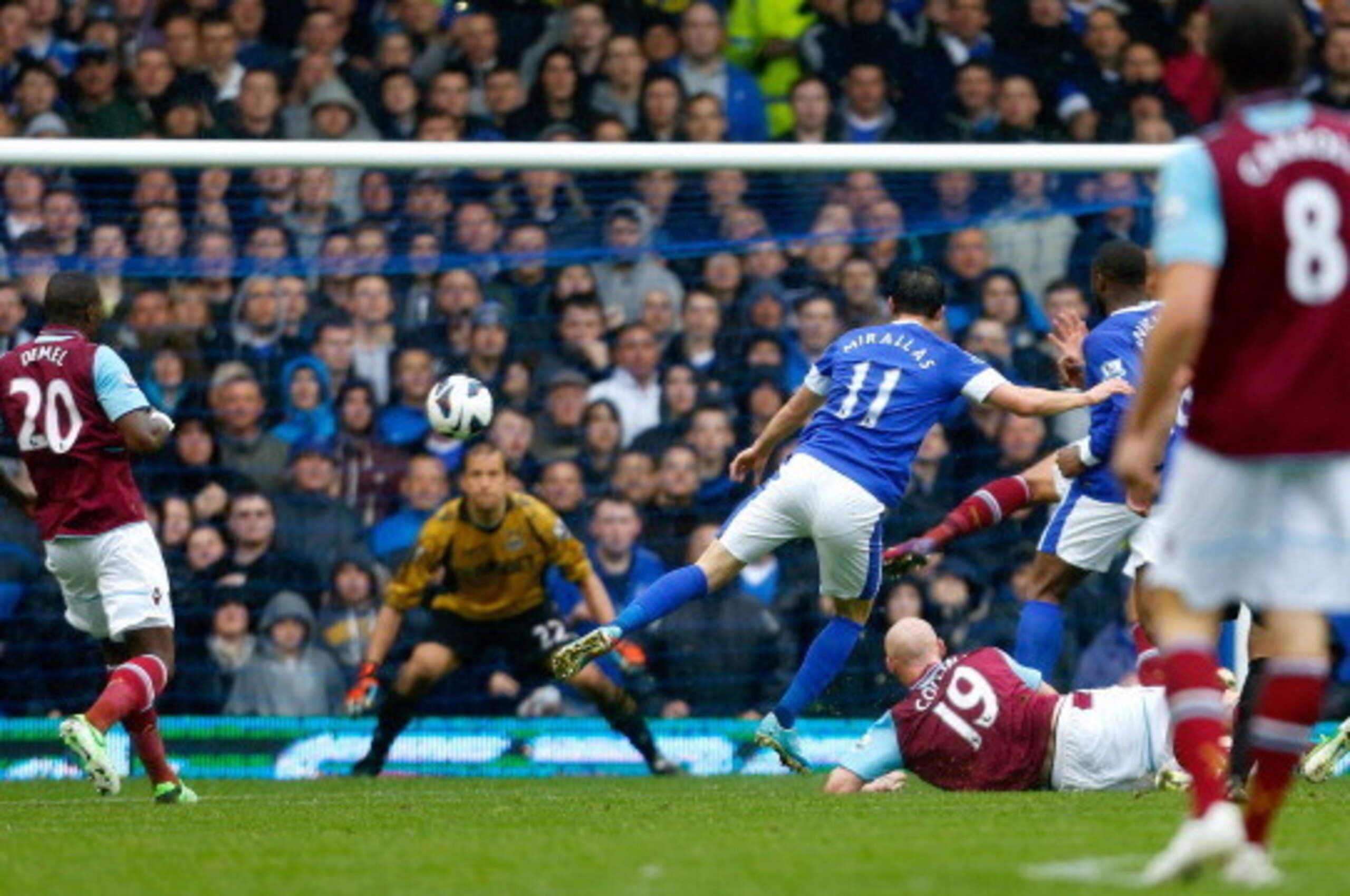 LIVERPOOL, ENGLAND - MAY 12: Kevin Mirallas (C) of Everton scores his team's second goal during the Barclays Premier League match between Everton and West Ham United at Goodison Park on May 12, 2013 in Liverpool, England. (Photo by Paul Thomas/Getty Image LIVERPOOL, ENGLAND - MAY 12: Kevin Mirallas (C) of Everton scores his team's second goal during the Barclays Premier League match between Everton and West Ham United at Goodison Park on May 12, 2013 in Liverpool, England. (Photo by Paul Thomas/Getty Image
