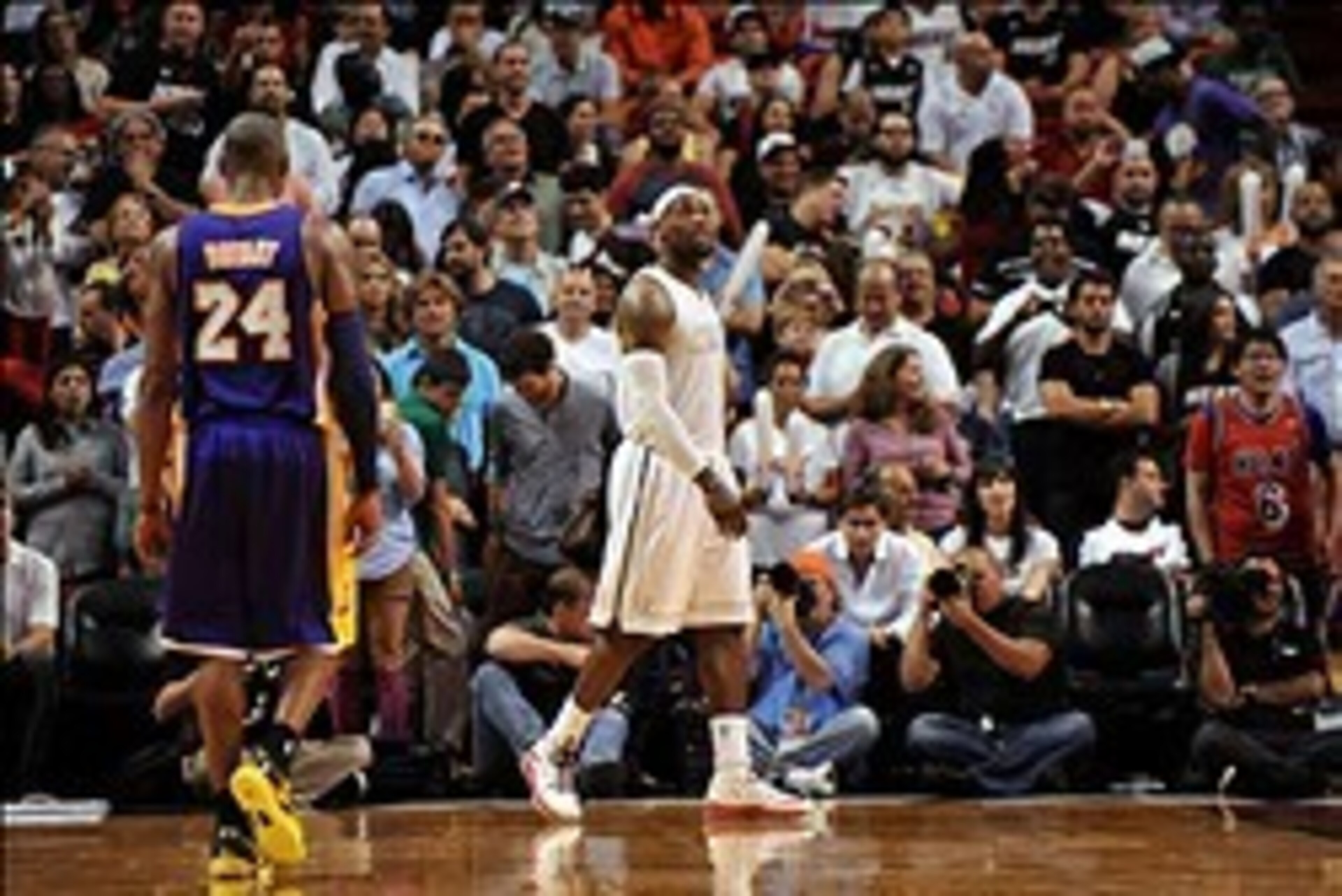 Feb 10, 2013; Miami, FL, USA; Miami Heat small forward LeBron James (6) and Los Angeles Lakers shooting guard Kobe Bryant (24) during the second half at American Airlines Arena. Mandatory Credit: Steve Mitchell-USA TODAY Sports Feb 10, 2013; Miami, FL, USA; Miami Heat small forward LeBron James (6) and Los Angeles Lakers shooting guard Kobe Bryant (24) during the second half at American Airlines Arena. Mandatory Credit: Steve Mitchell-USA TODAY Sports