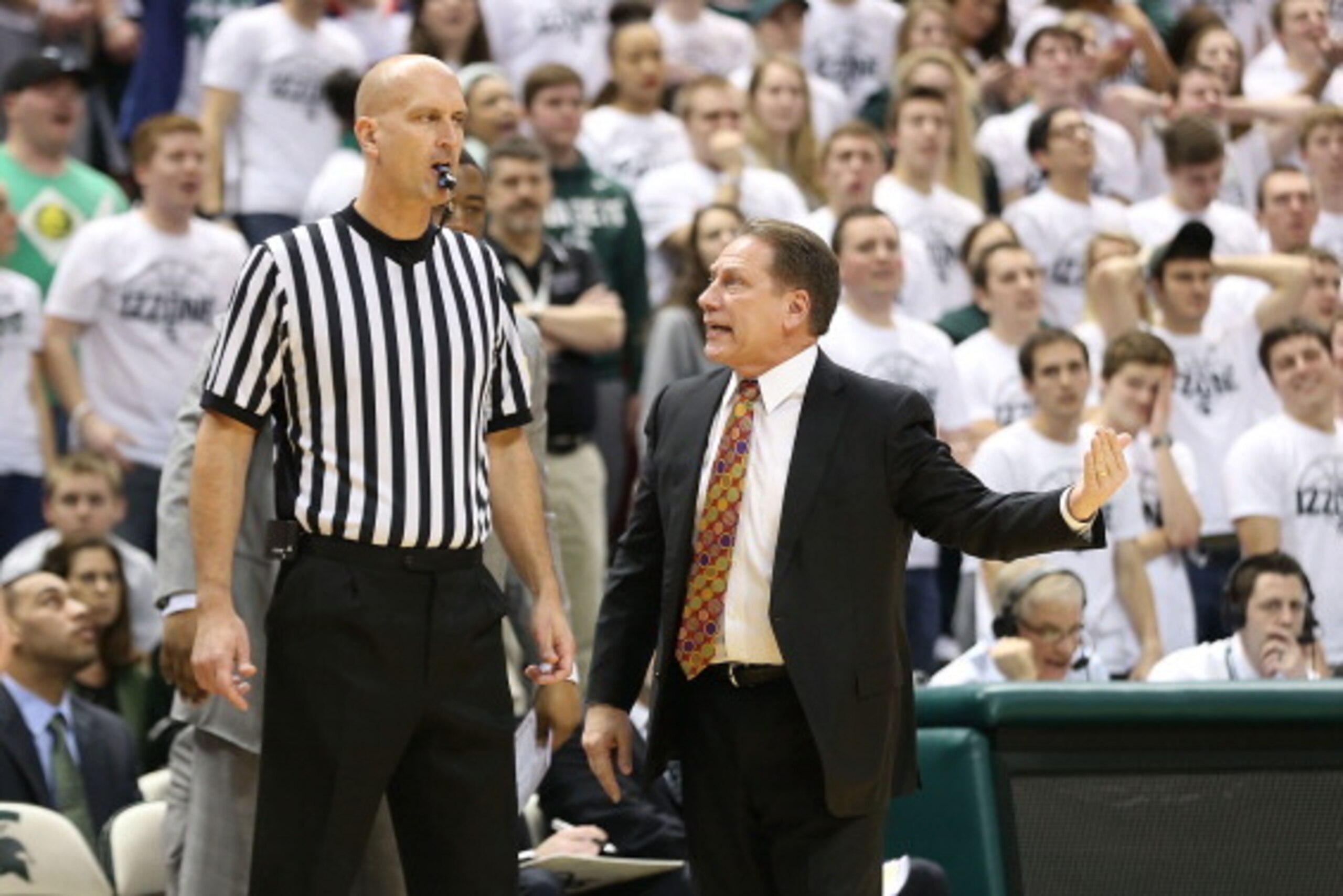 EAST LANSING, MI - FEBRUARY 13:  Michigan State Spartans head basketball coach Tom Izzo reacts to a call during the second half of the game against the  Northwestern Wildcat at the Breslin Center on February 13, 2014 in East Lansing, Michigan. The Spartan