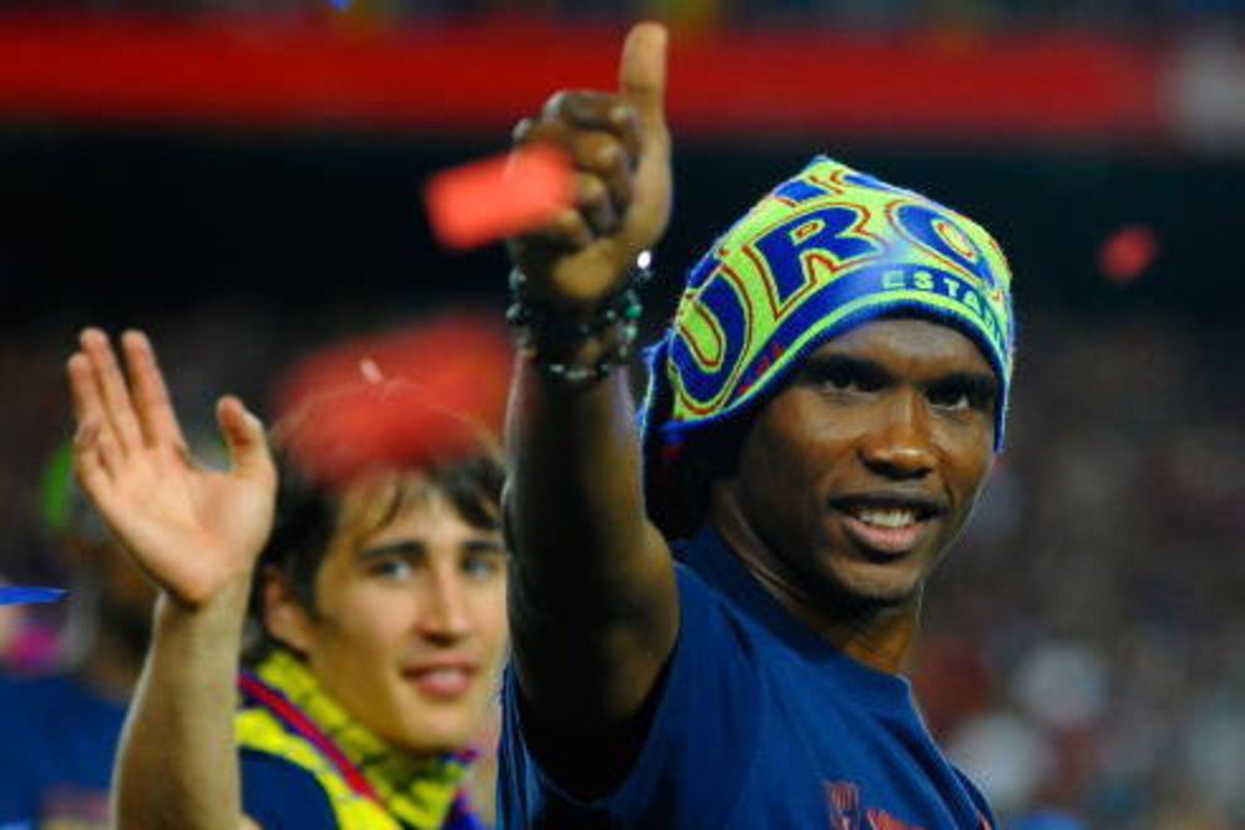 BARCELONA, SPAIN - MAY 28:  Samuel Eto'o (R) and Bojan Krkic celebrate at the Nou Camp stadium after Barcelona won the UEFA Champions League Cup final on May 28, 2009 in Barcelona, Spain. Barcelona beat Manchester United in the final in Rome May 27.  (Pho