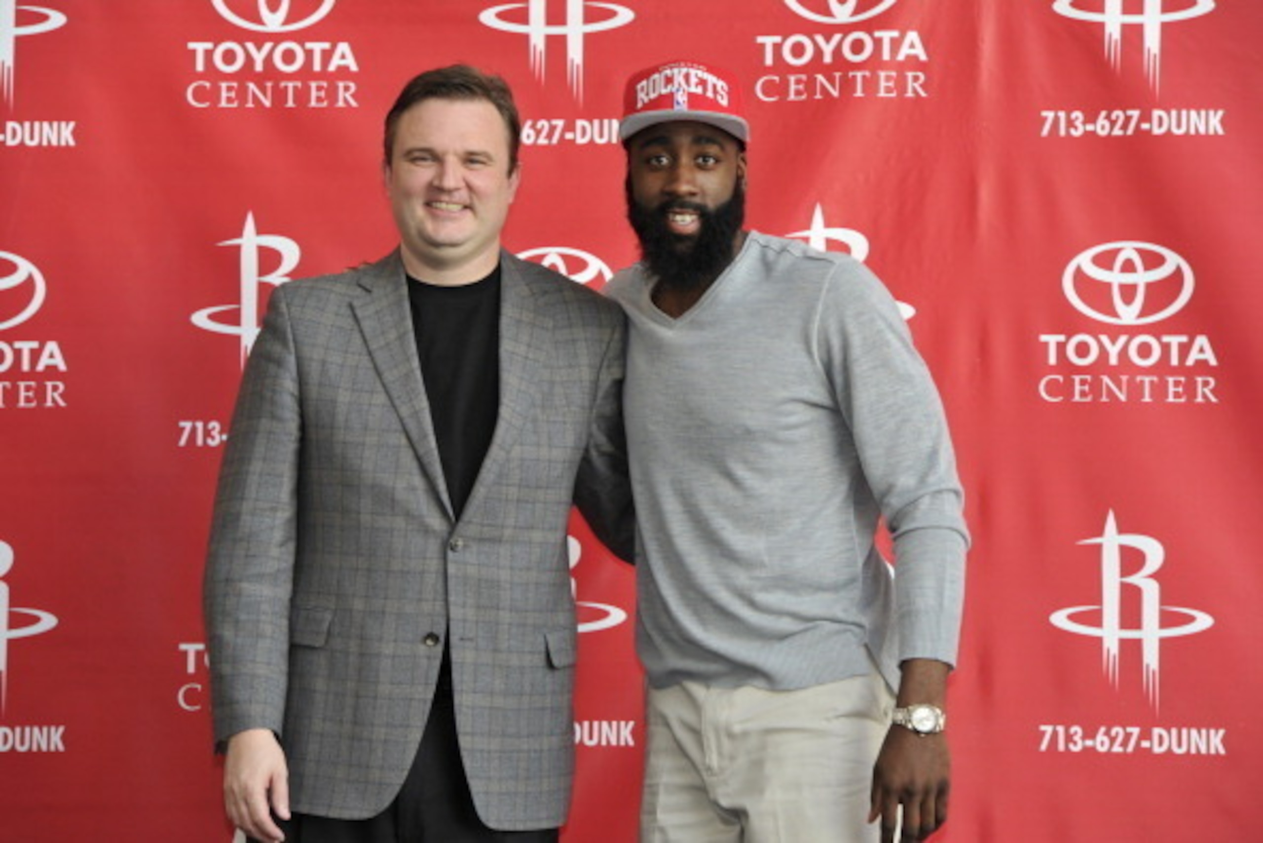 HOUSTON, TX - OCTOBER 29: General Manager Daryl Morey and James Harden of the Houston Rockets poses for a photo as Harden is introduced to the media on October 29, 2012 at Toyota Center in Houston, Texas. NOTE TO USER: User expressly acknowledges and agre