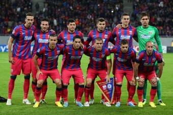 BUCHAREST, ROMANIA - OCTOBER 01:  The Steaua Bucuresti team line up during the UEFA Champions League Group E Match between FC Steaua Bucuresti and Chelsea at the National Arena Stadium on October 1, 2013 in Bucharest, Romania.  (Photo by Michael Steele/Ge