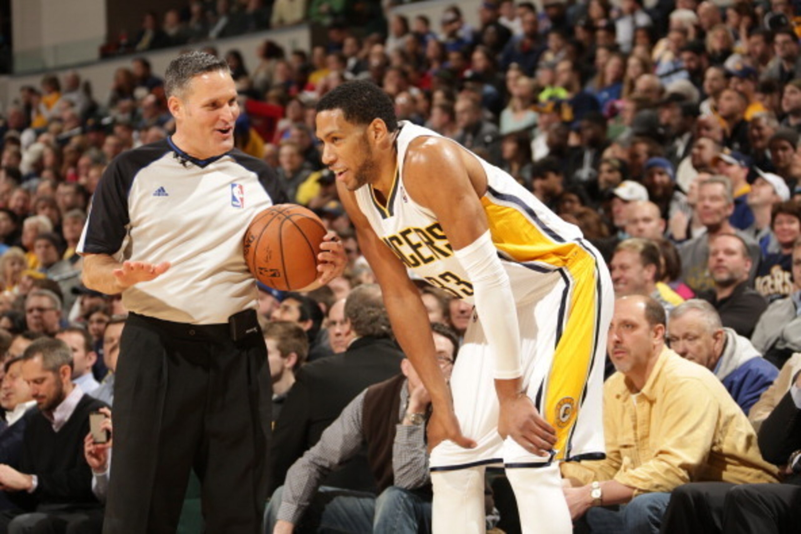INDIANAPOLIS - FEBRUARY 10: Danny Granger #33 of the Indiana Pacers shares a moment with the ref against the Denver Nuggets at Bankers Life Fieldhouse on February 10, 2014 in Indianapolis, Indiana.  NOTE TO USER: User expressly acknowledges and agrees tha