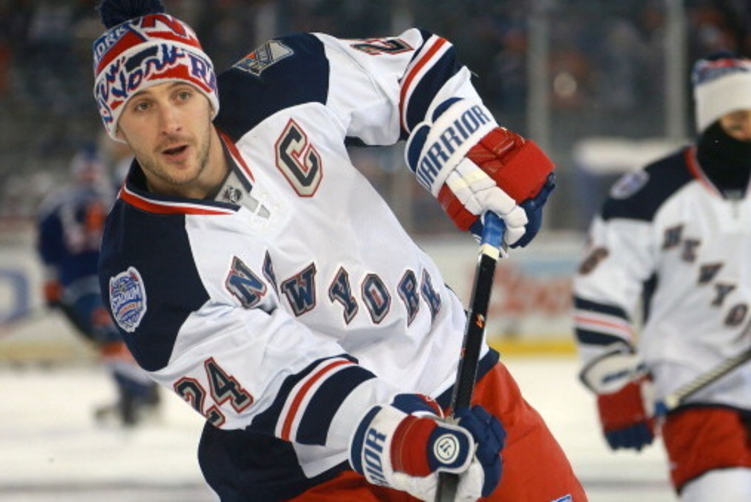 NEW YORK, NY - JANUARY 29:  (EDITORIAL USE ONLY)  Ryan Callahan #24 of the New York Rangers skates during warm-up prior to the 2014 Coors Light NHL Stadium Series at Yankee Stadium on January 29, 2014 in the Bronx borough of New York City.  (Photo by Dave