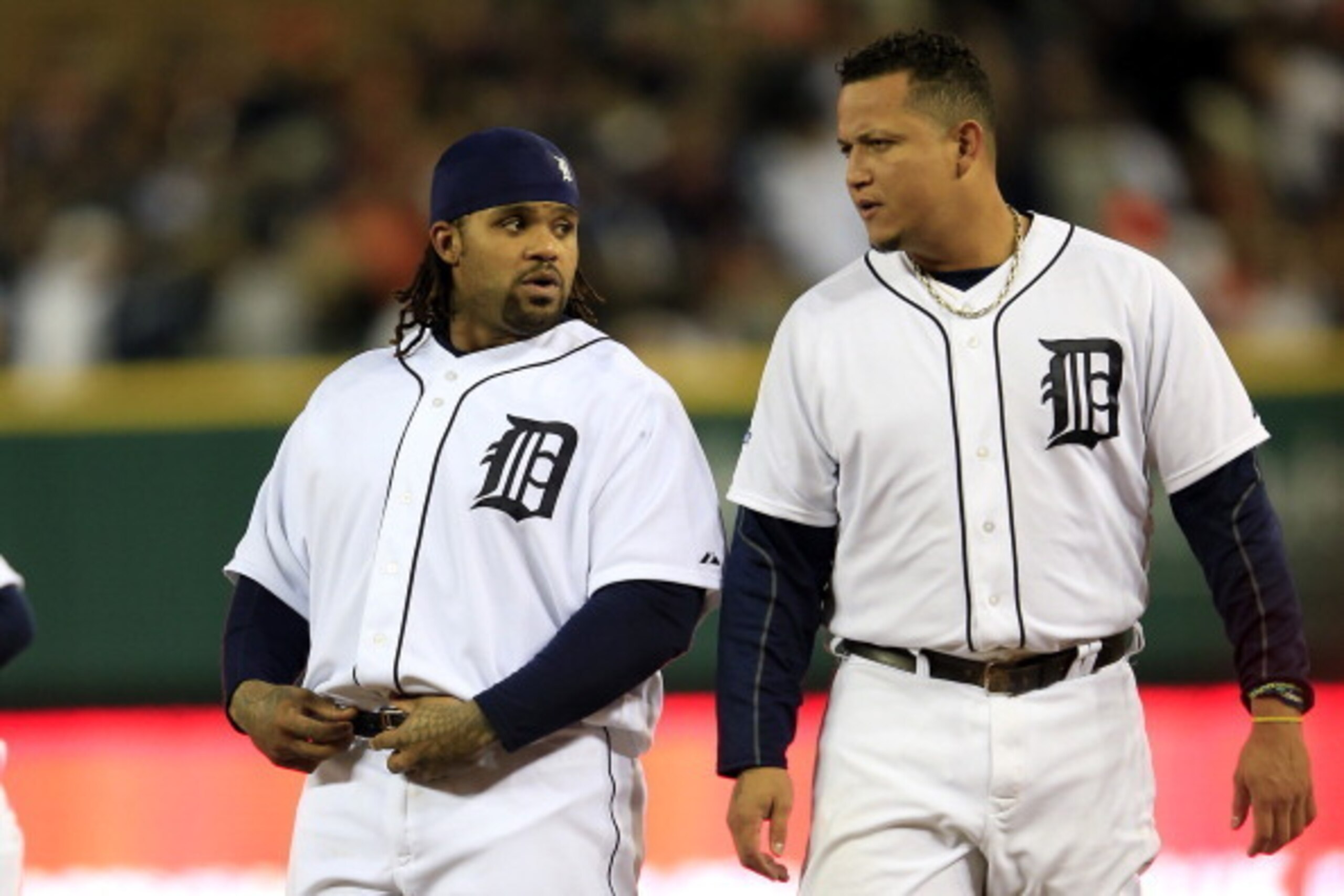 DETROIT, MI - OCTOBER 16:  Prince Fielder #28 talks to Miguel Cabrera #24 of the Detroit Tigers during Game Four of the American League Championship Series against the Boston Red Sox at Comerica Park on October 16, 2013 in Detroit, Michigan.  (Photo by Ja