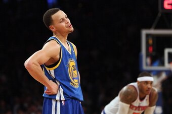 NEW YORK, NY - FEBRUARY 27: Stephen Curry #30 of the Golden State Warriors, who scored 54 points in the game, waits for play to begin late in the fourth quarter of 109-105 loss to the New York Knicks at Madison Square Garden on February 27, 2013 in New Yo
