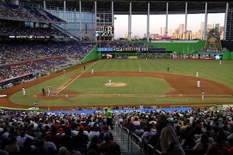MIAMI, FL - JUNE 12:  A general view of the outfield with the roof and windows open at Marlins Park as the Marlins taking on the Boston Red Sox on June 12, 2012 in Miami, Florida.  (Photo by Marc Serota/Getty Images)