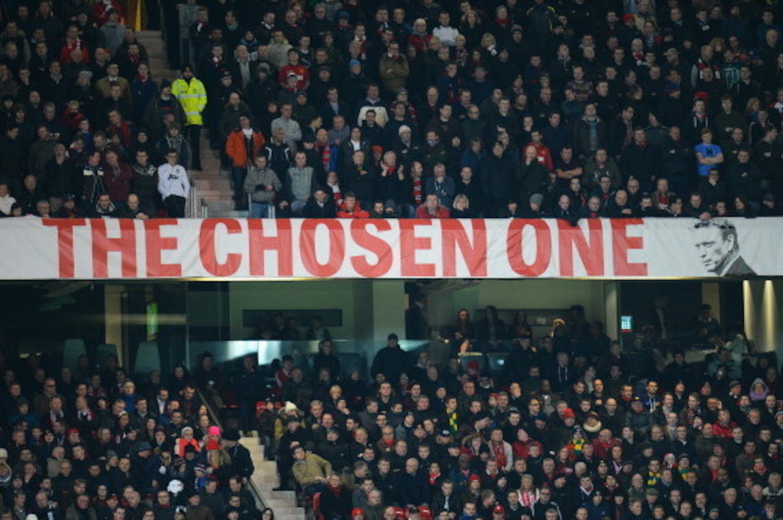 MANCHESTER, ENGLAND - JANUARY 11:  United fans display a banner honouring Manchester United Manager David Moyes during the Barclays Premier League match between Manchester United and Swansea City at Old Trafford on January 11, 2014 in Manchester, England.